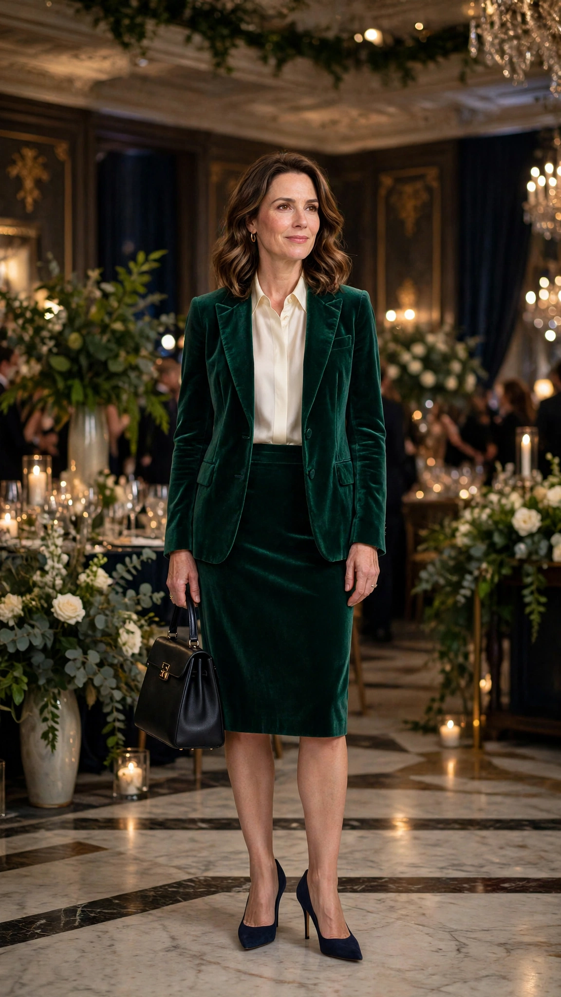 Emerald Velvet Skirt Suit with a Cream Silk Blouse and Navy Heels