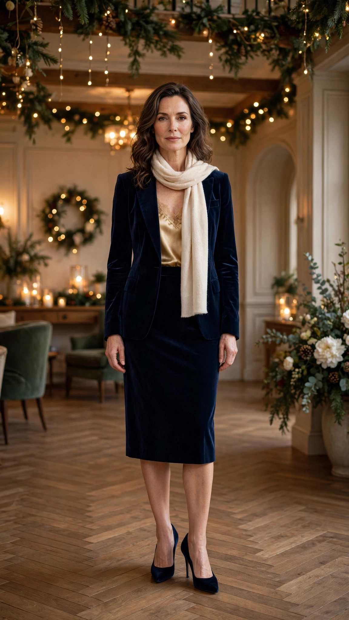 Navy Velvet Skirt Suit with a Gold Camisole and Navy Heels