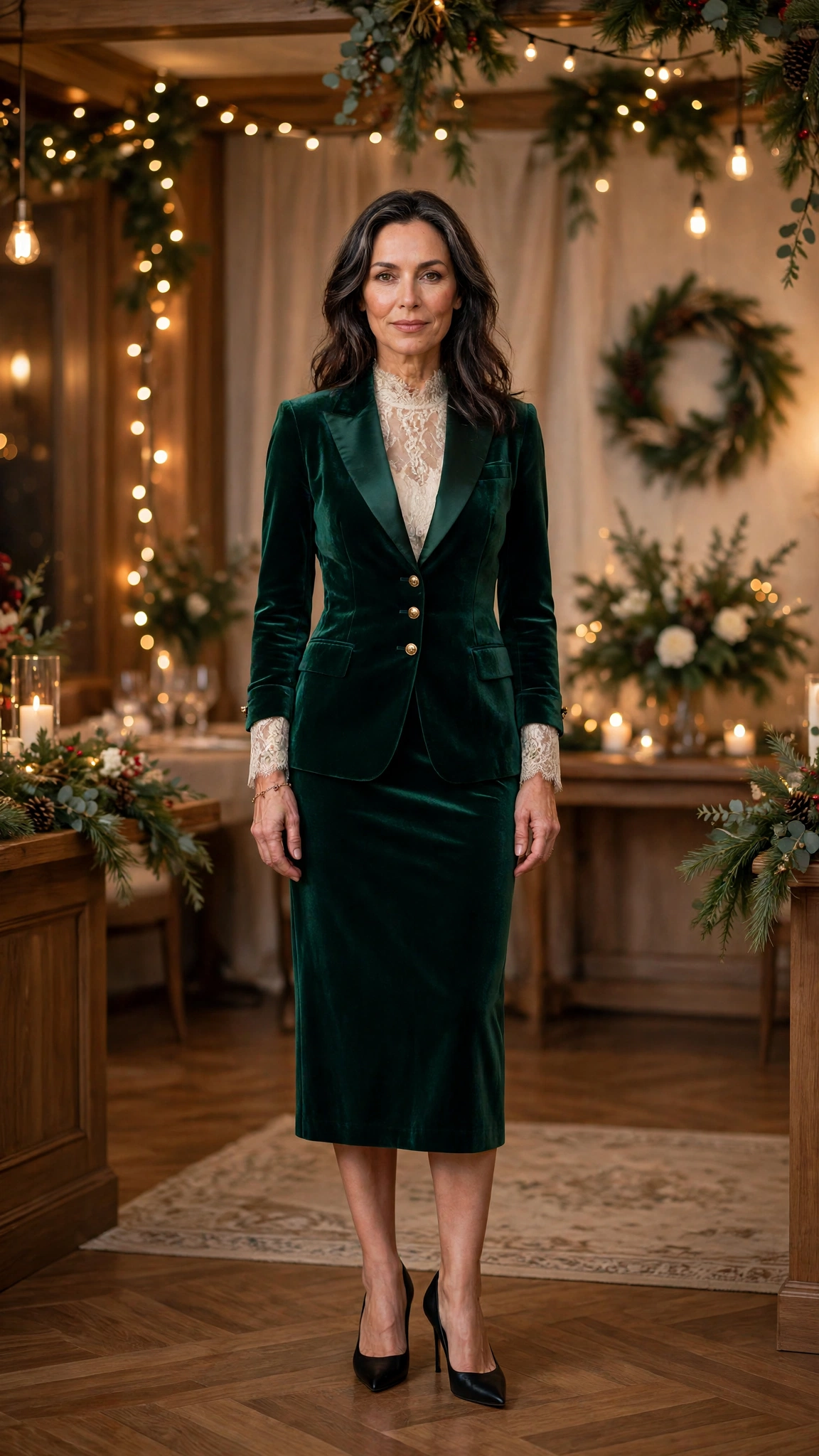 Emerald Velvet Skirt Suit with an Ivory Lace Top and Black Pointed Heels
