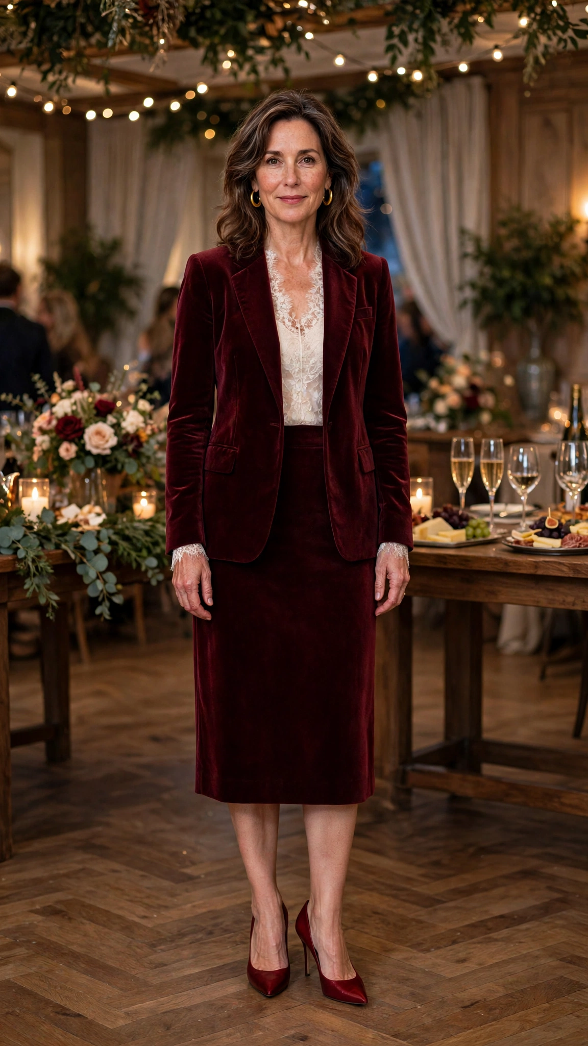 Burgundy Velvet Skirt Suit with an Ivory Lace Top and Wine Heels