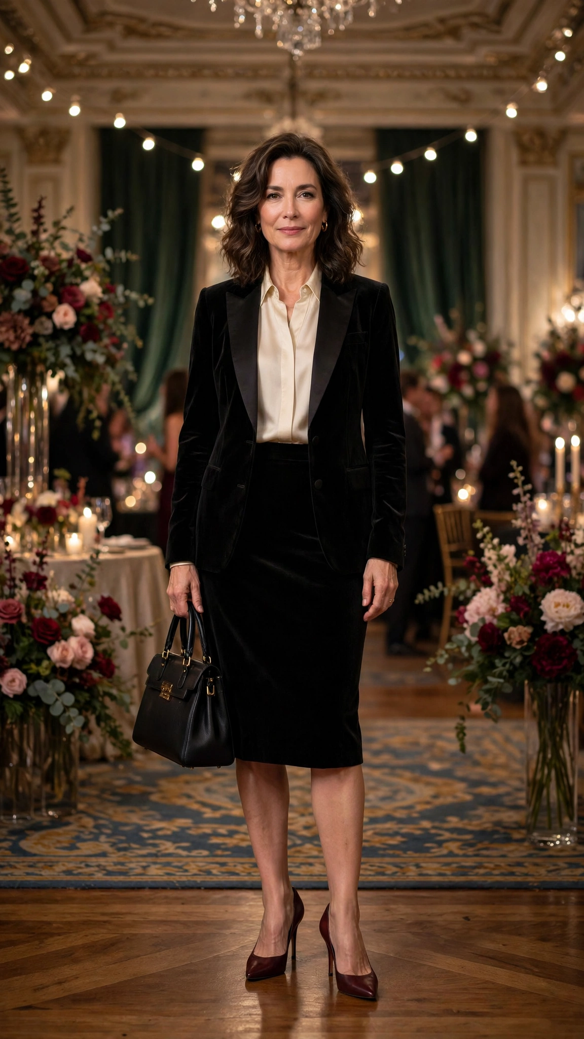 Black Velvet Skirt Suit with a Cream Silk Blouse and Burgundy Heels