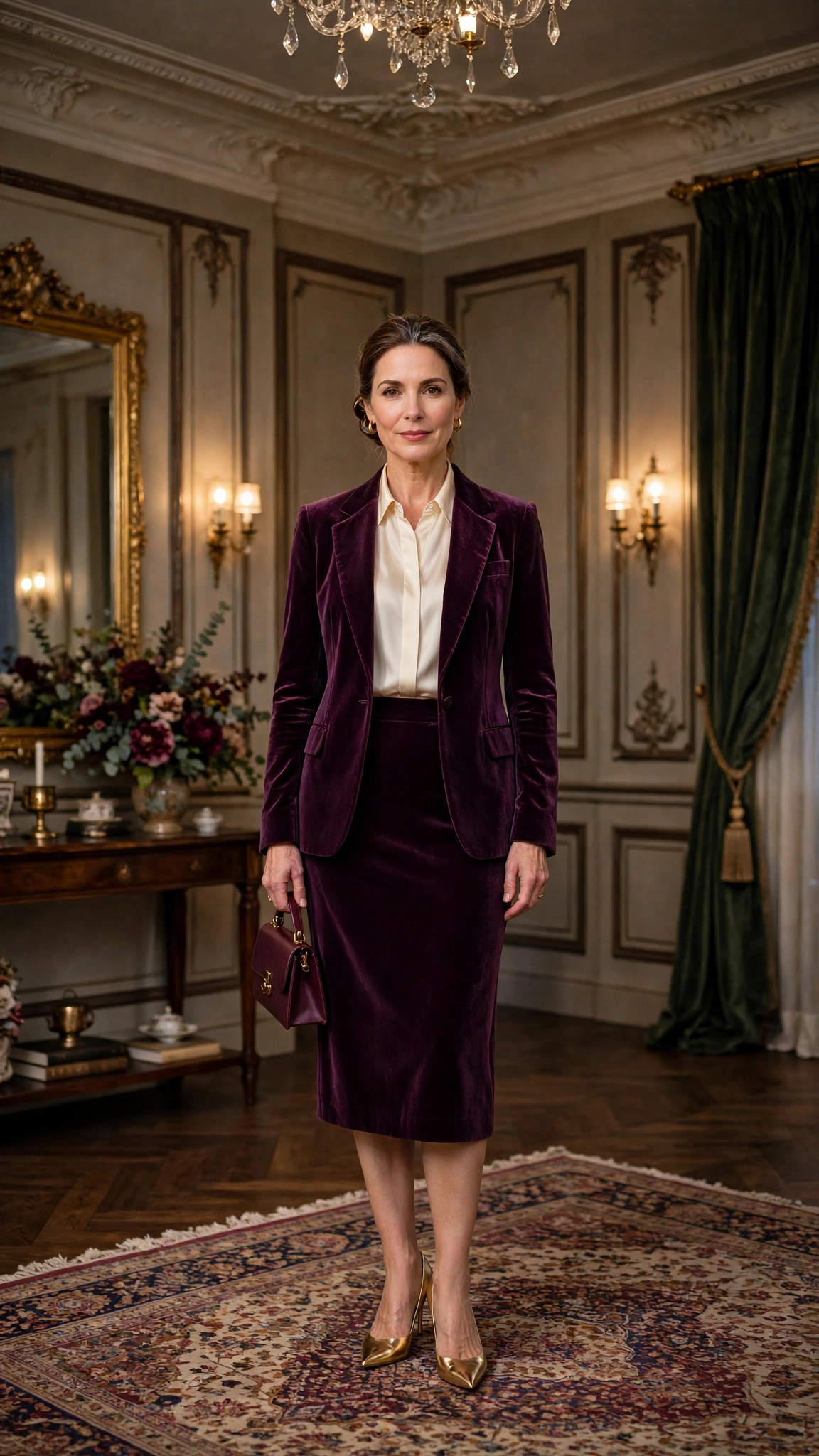Plum Velvet Skirt Suit with a Cream Silk Blouse and Gold Pumps