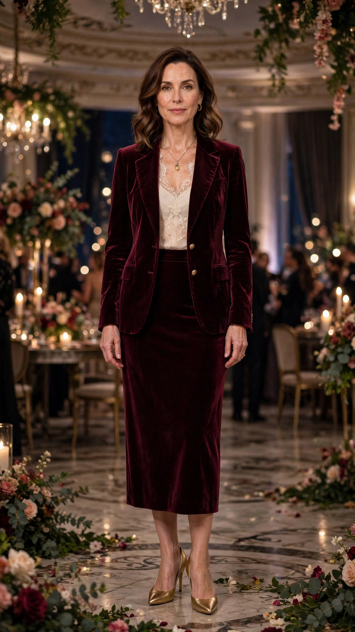 Wine Velvet Skirt Suit with an Ivory Lace Top and Gold Pumps