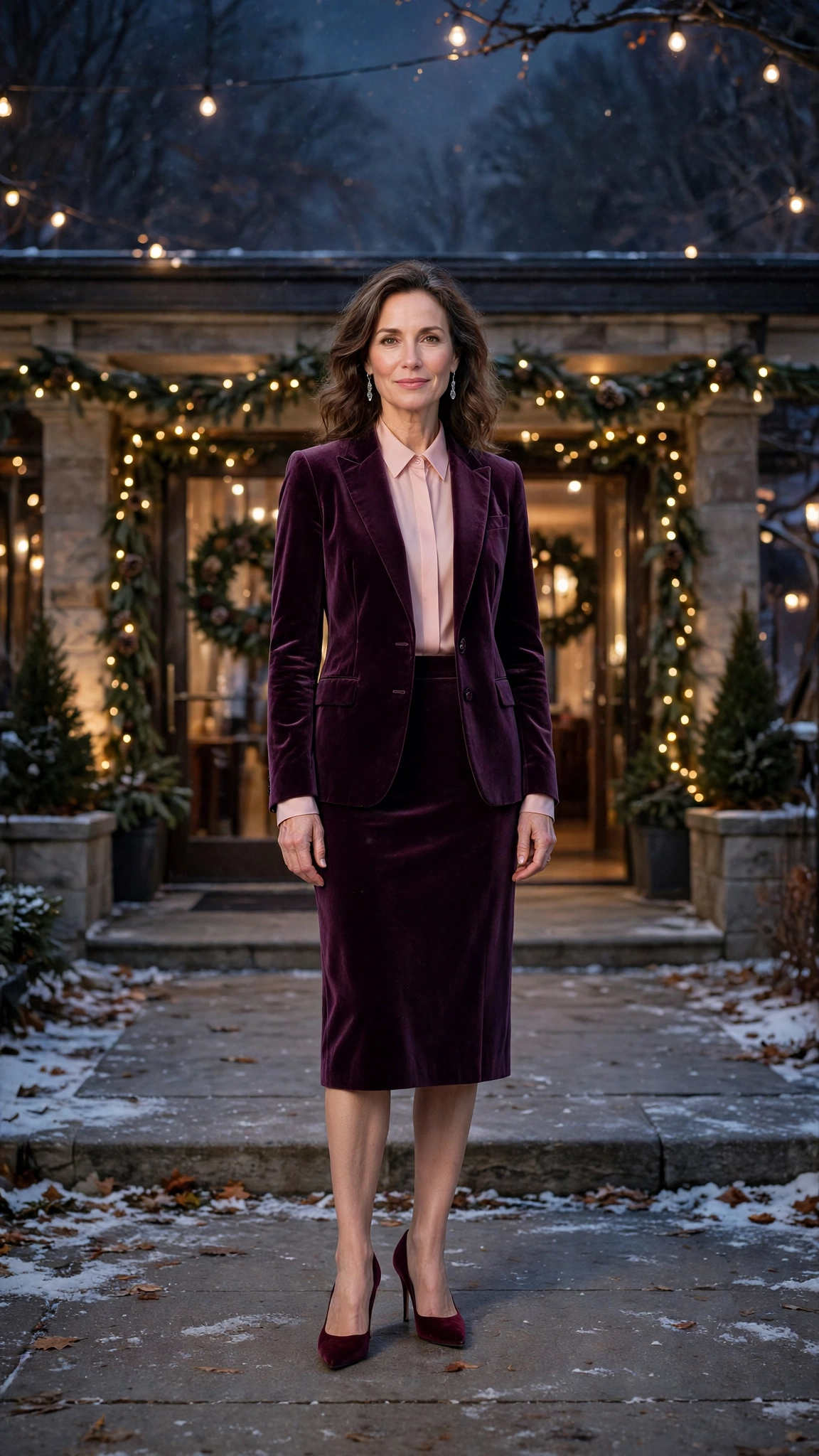 Plum Velvet Skirt Suit with a Blush Blouse and Burgundy Heels