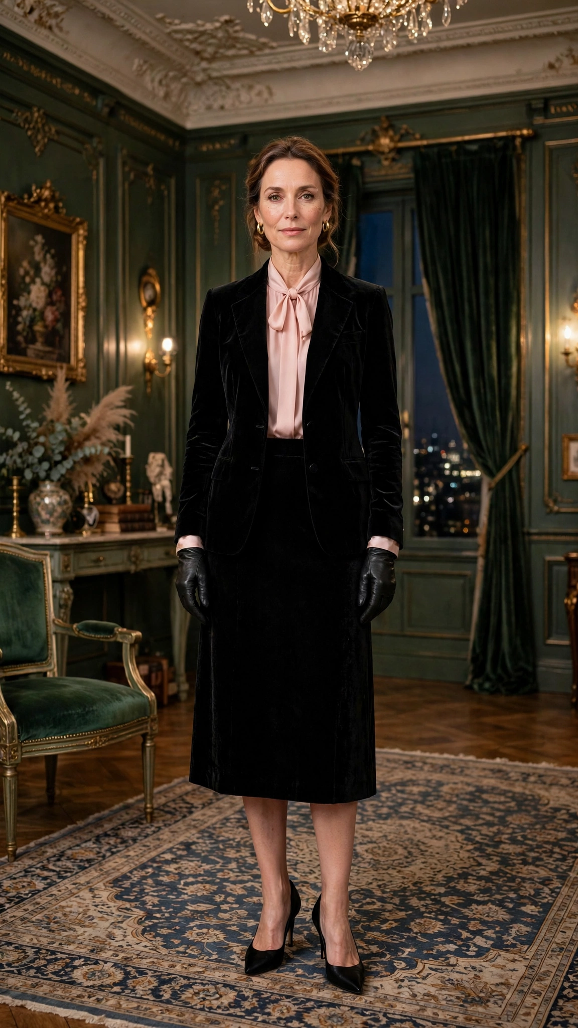 Black Velvet Skirt Suit with a Blush Blouse and Black Pointed Heels