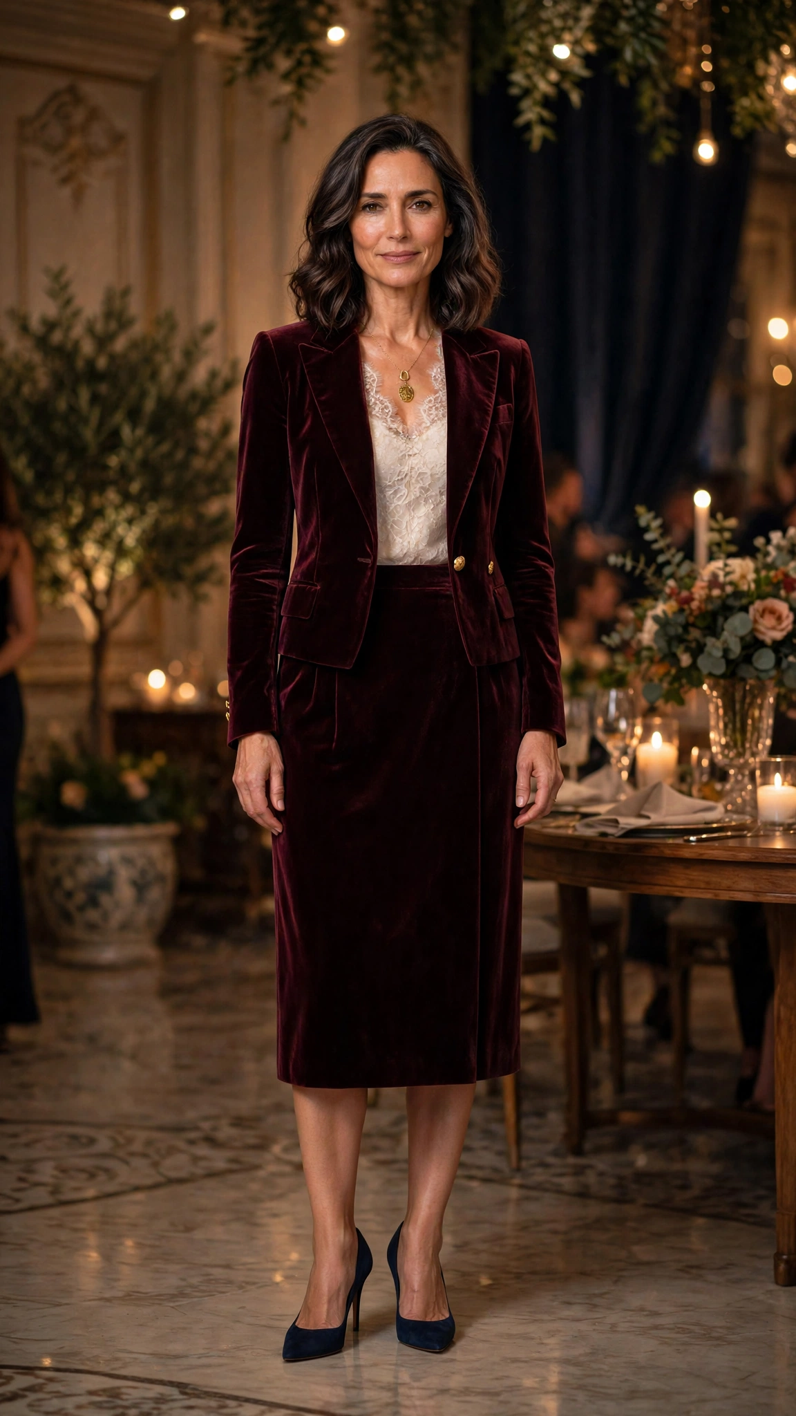 Wine Velvet Skirt Suit with an Ivory Lace Top and Navy Heels