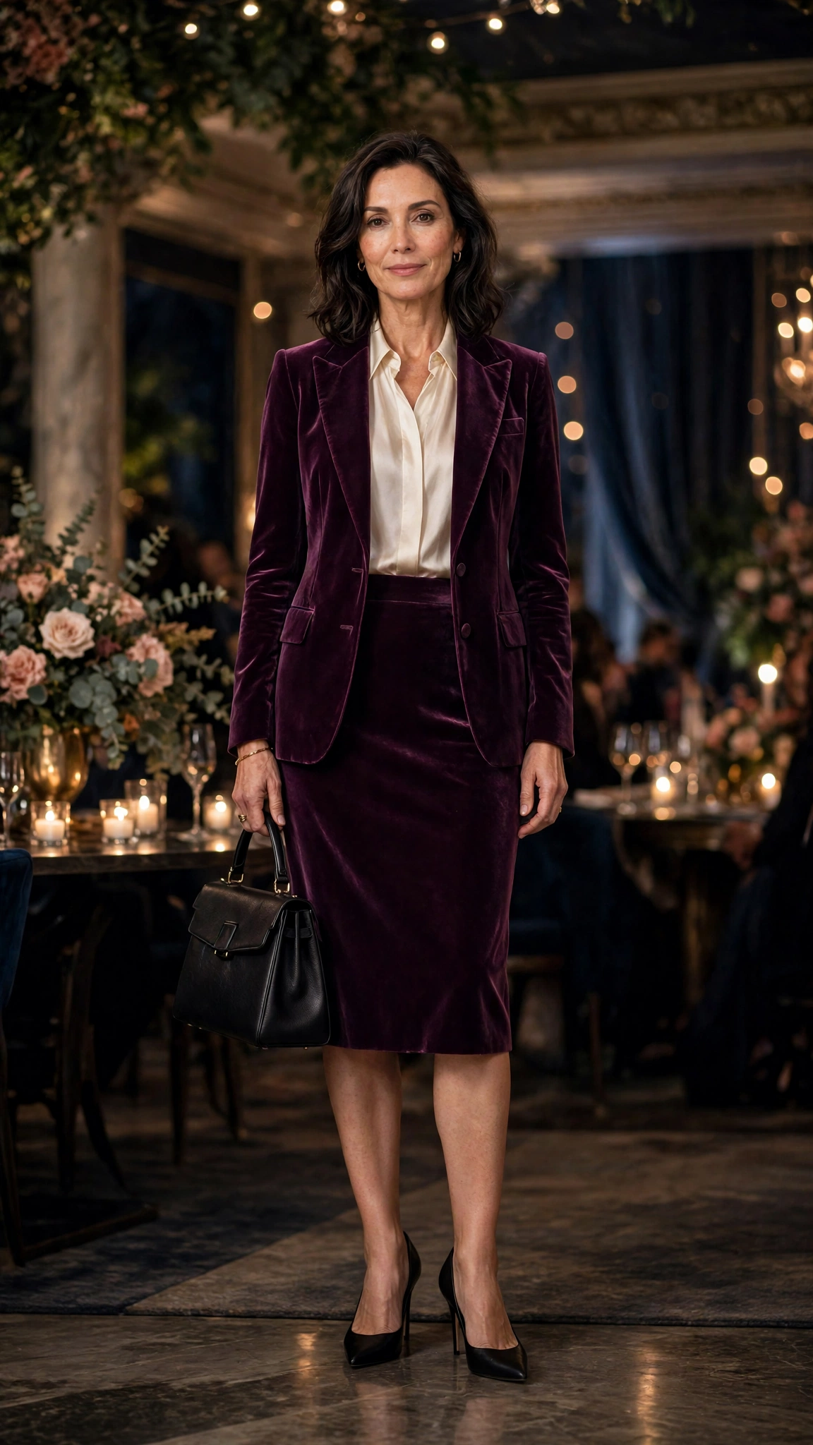 Plum Velvet Skirt Suit with a Cream Silk Blouse and Black Pointed Heels