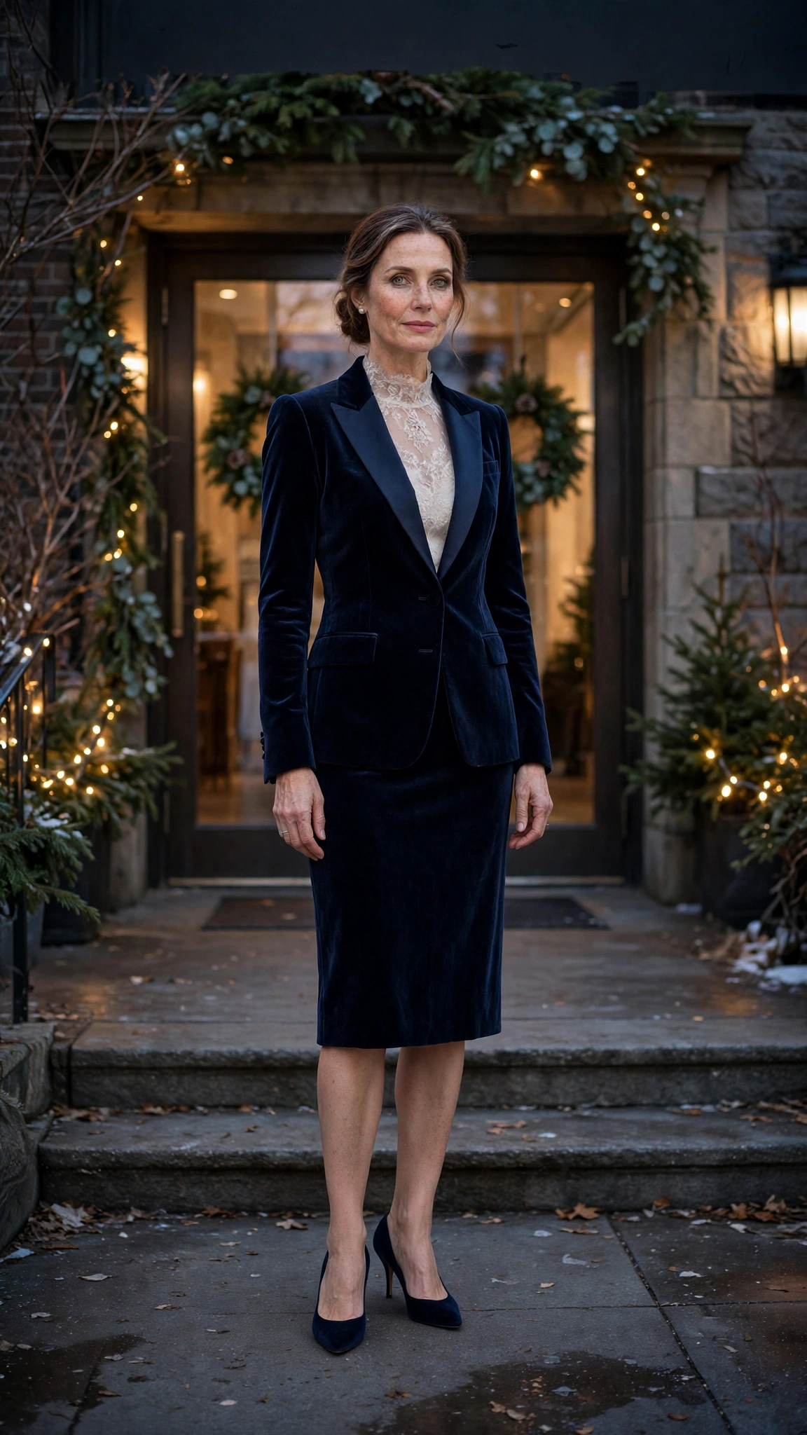 Navy Velvet Skirt Suit with an Ivory Lace Top and Navy Heels