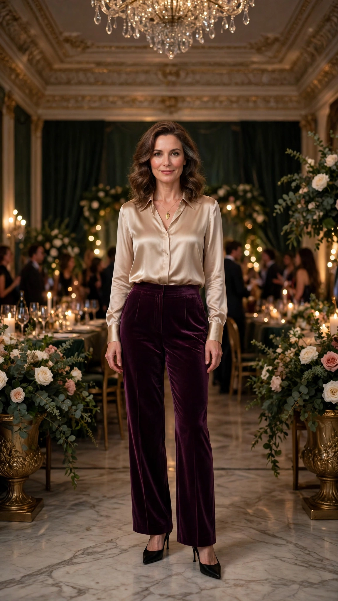 18 Women Over 40 Velvet Trousers and Silk Blouse Outfits for New Year Drinks That Are Chic, Warm and Elegant 2 Plum Velvet Trousers with a Champagne Blouse and Black Pointed Heels