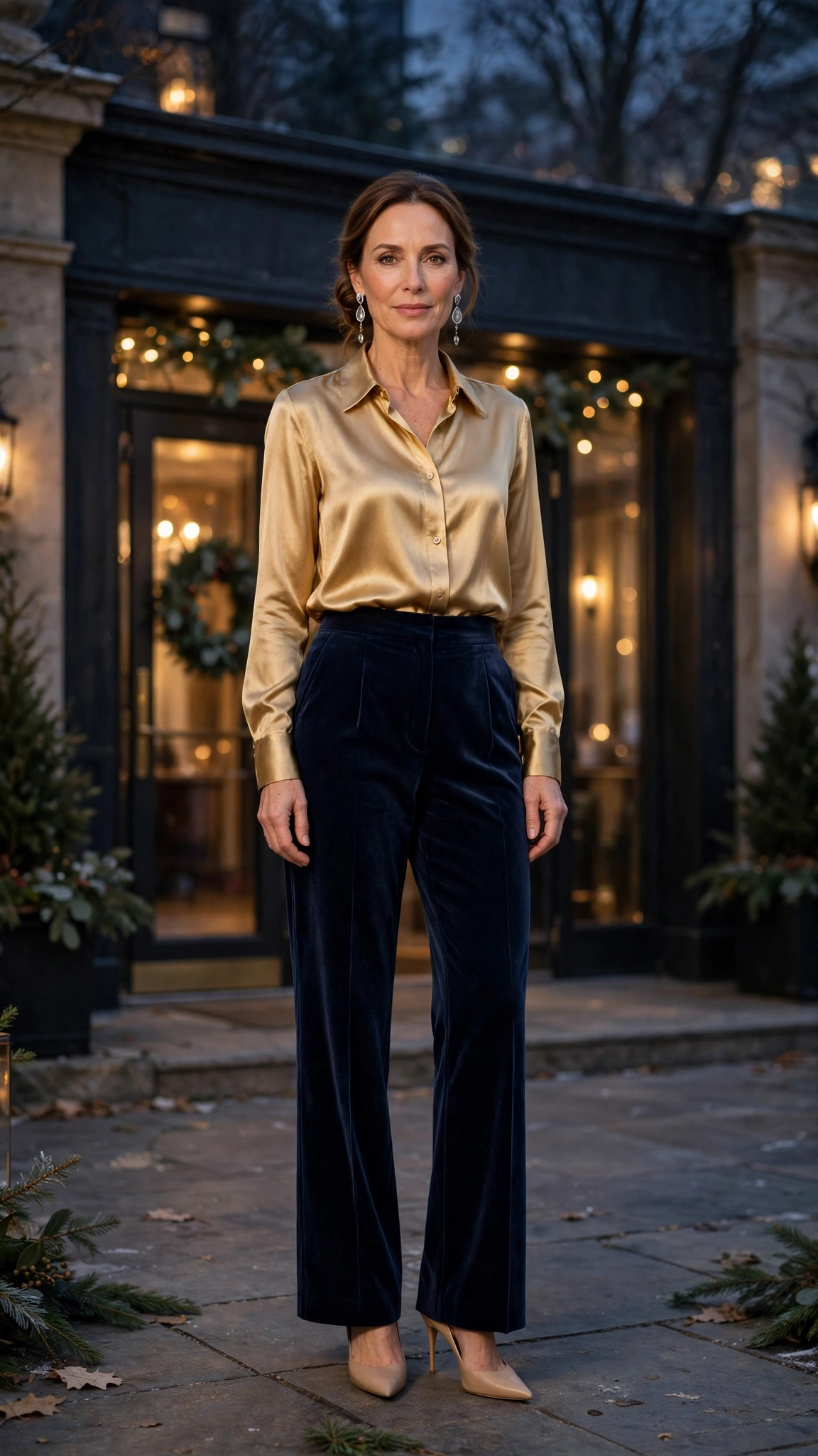 18 Women Over 40 Velvet Trousers and Silk Blouse Outfits for New Year Drinks That Are Chic, Warm and Elegant 4 Navy Velvet Trousers with a Gold Silk Blouse and Nude Heels
