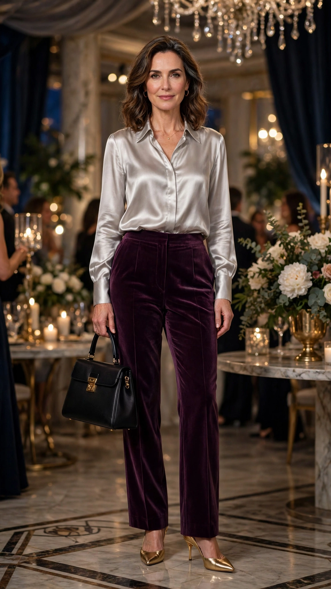 18 Women Over 40 Velvet Trousers and Silk Blouse Outfits for New Year Drinks That Are Chic, Warm and Elegant 7 Plum Velvet Trousers with a Silver Silk Blouse and Gold Heels