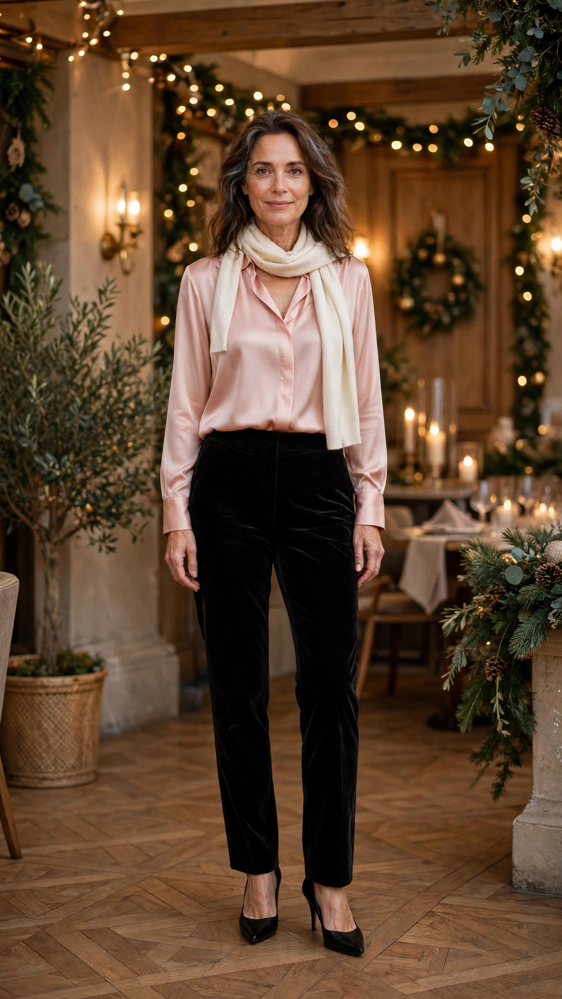 18 Women Over 40 Velvet Trousers and Silk Blouse Outfits for New Year Drinks That Are Chic, Warm and Elegant 8 Black Velvet Trousers with a Blush Silk Blouse and Black Pointed Heels