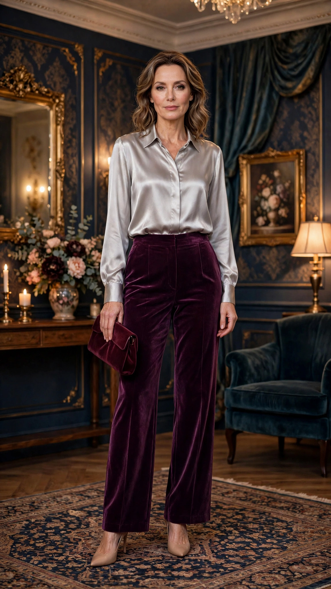 18 Women Over 40 Velvet Trousers and Silk Blouse Outfits for New Year Drinks That Are Chic, Warm and Elegant 10 Plum Velvet Trousers with a Silver Silk Blouse and Nude Heels