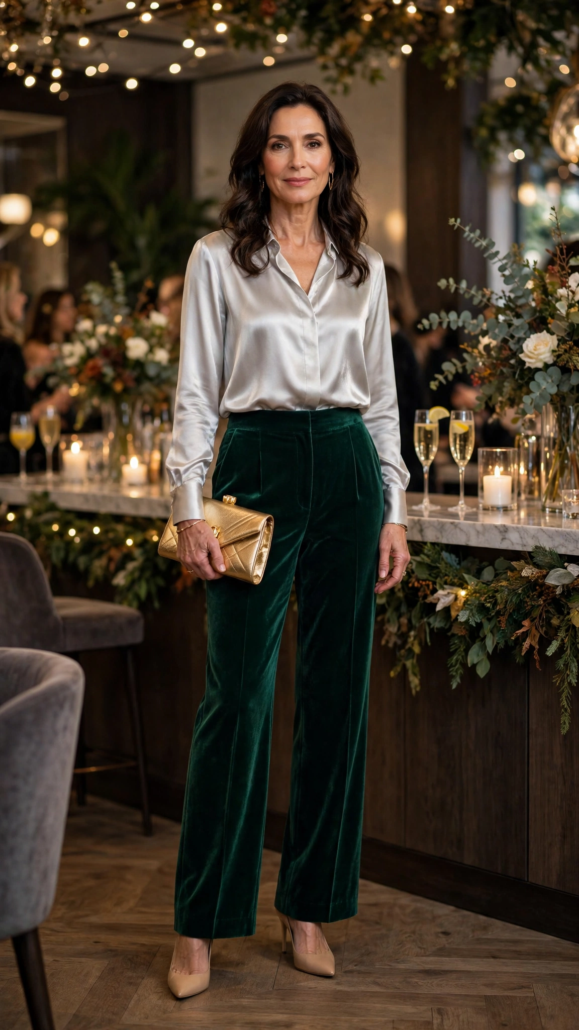 18 Women Over 40 Velvet Trousers and Silk Blouse Outfits for New Year Drinks That Are Chic, Warm and Elegant 11 Emerald Velvet Trousers with a Silver Silk Blouse and Nude Heels