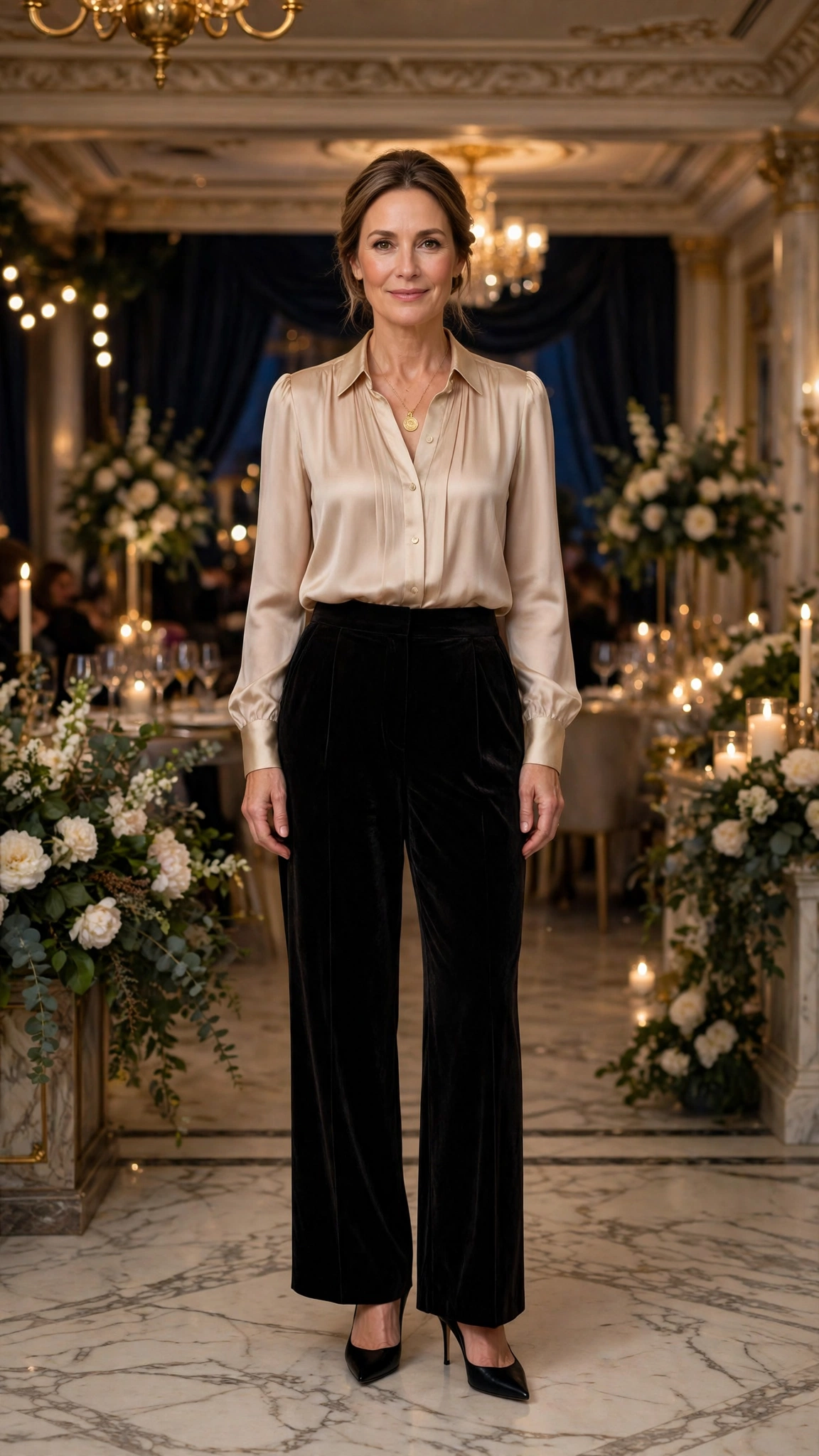 18 Women Over 40 Velvet Trousers and Silk Blouse Outfits for New Year Drinks That Are Chic, Warm and Elegant 12 Black Velvet Trousers with a Champagne Blouse and Black Pointed Heels