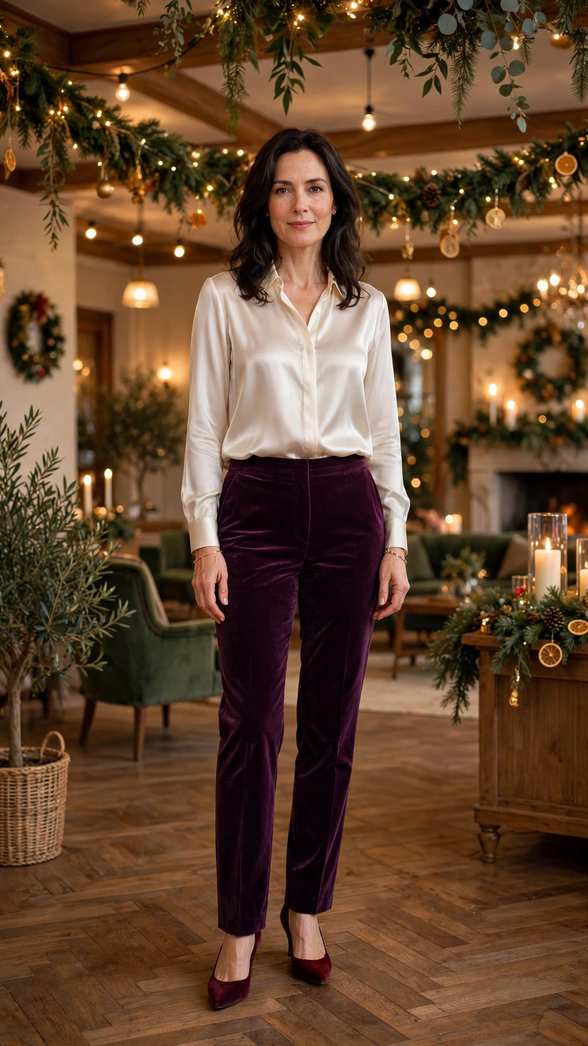 18 Women Over 40 Velvet Trousers and Silk Blouse Outfits for New Year Drinks That Are Chic, Warm and Elegant 13 Plum Velvet Trousers with an Ivory Satin Blouse and Burgundy Pumps