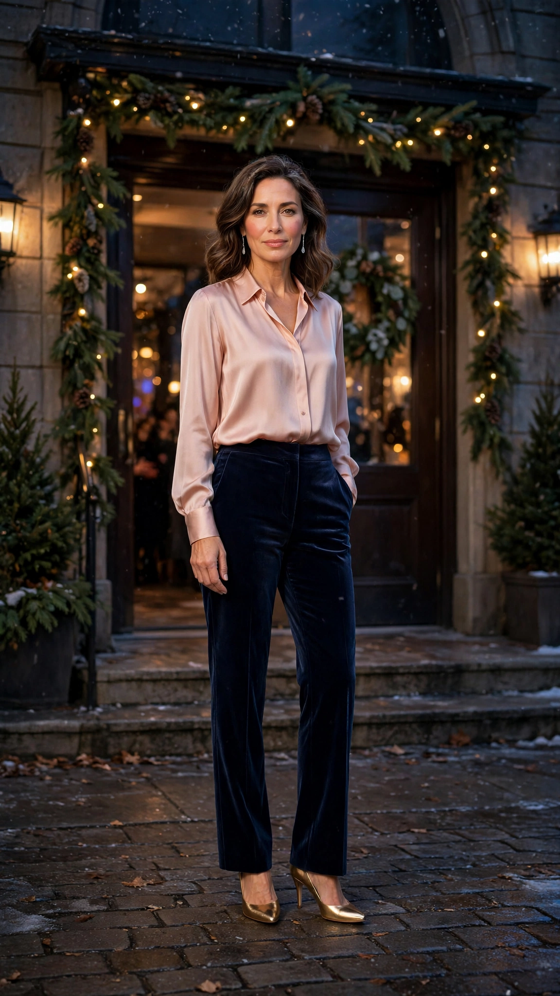 18 Women Over 40 Velvet Trousers and Silk Blouse Outfits for New Year Drinks That Are Chic, Warm and Elegant 14 Navy Velvet Trousers with a Blush Silk Blouse and Gold Heels