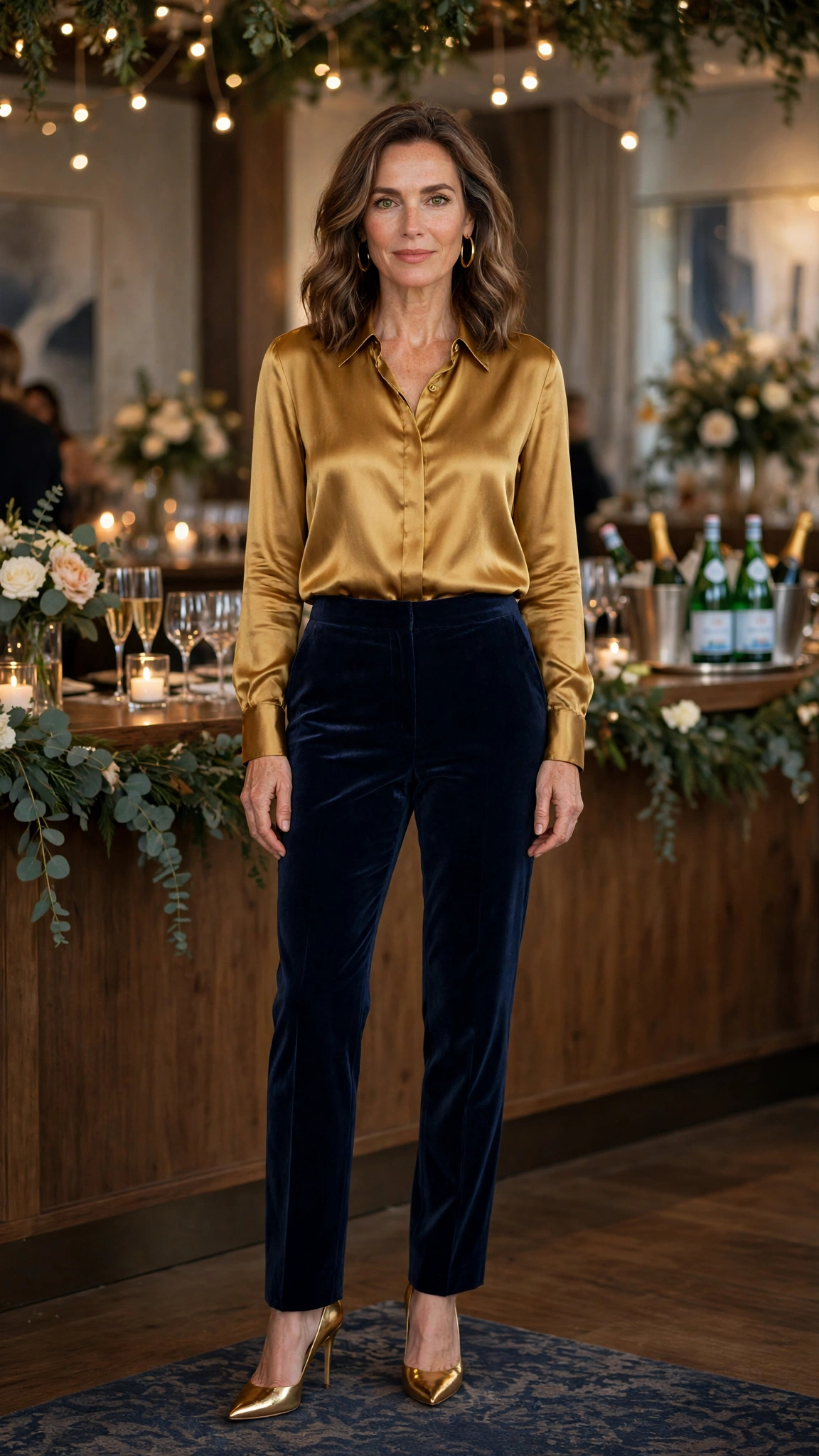 18 Women Over 40 Velvet Trousers and Silk Blouse Outfits for New Year Drinks That Are Chic, Warm and Elegant 16 Navy Velvet Trousers with a Gold Silk Blouse and Gold Heels