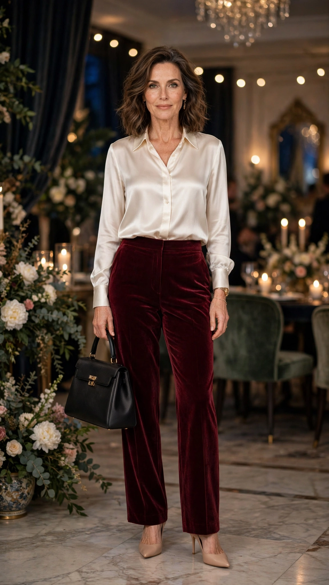 18 Women Over 40 Velvet Trousers and Silk Blouse Outfits for New Year Drinks That Are Chic, Warm and Elegant 17 Burgundy Velvet Trousers with an Ivory Satin Blouse and Nude Heels