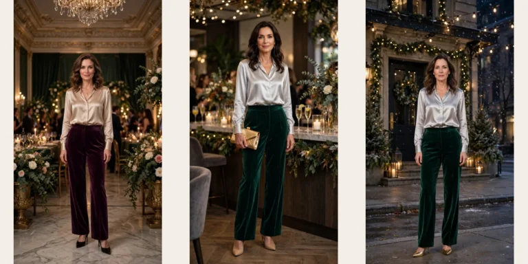 18 Women Over 40 Velvet Trousers and Silk Blouse Outfits for New Year Drinks That Are Chic, Warm and Elegant