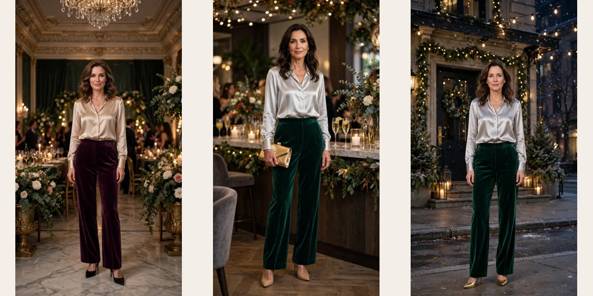 18 Women Over 40 Velvet Trousers and Silk Blouse Outfits for New Year Drinks That Are Chic, Warm and Elegant