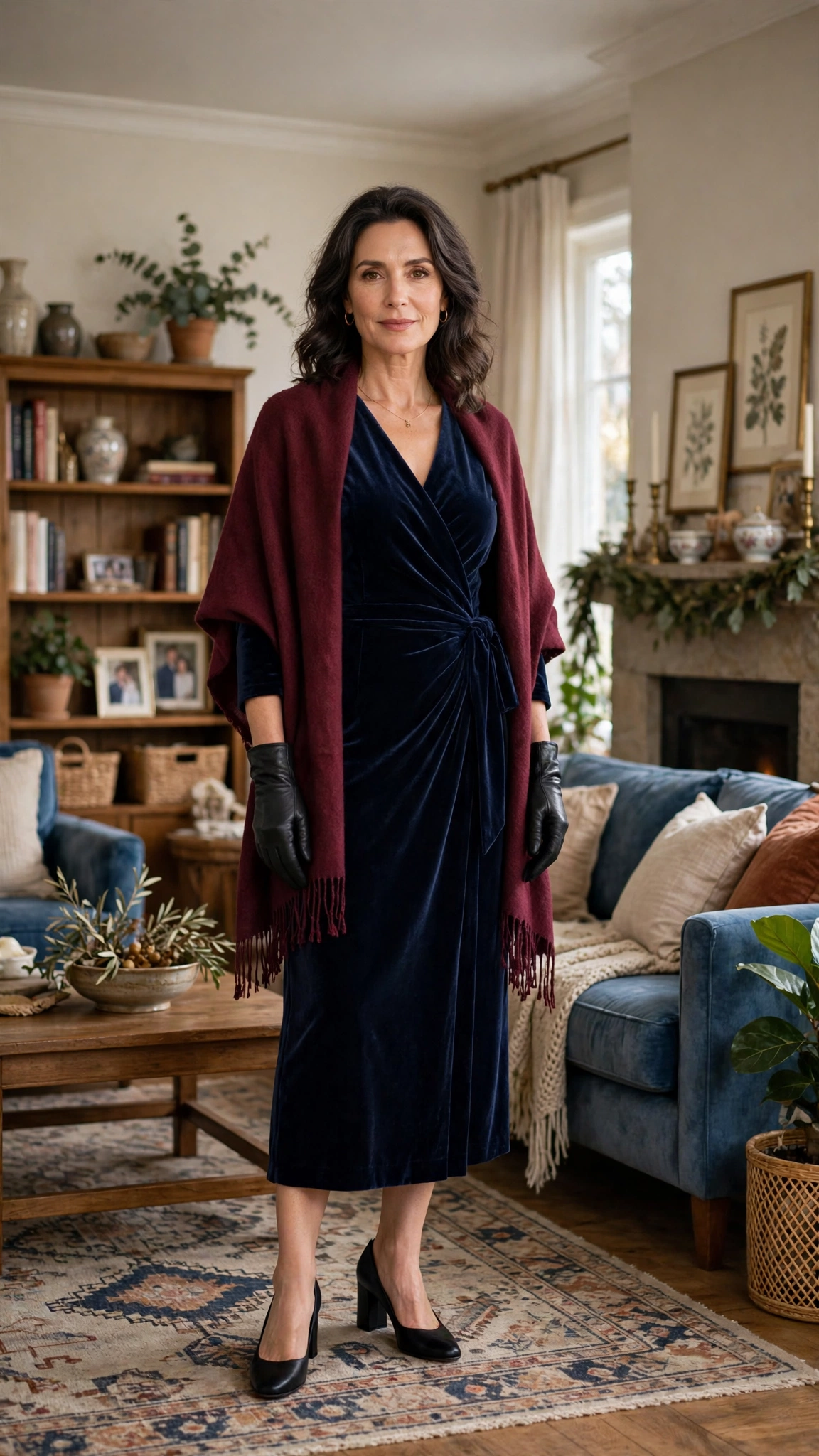 Navy Velvet Wrap Dress with a Burgundy Shawl and Black Block Heels