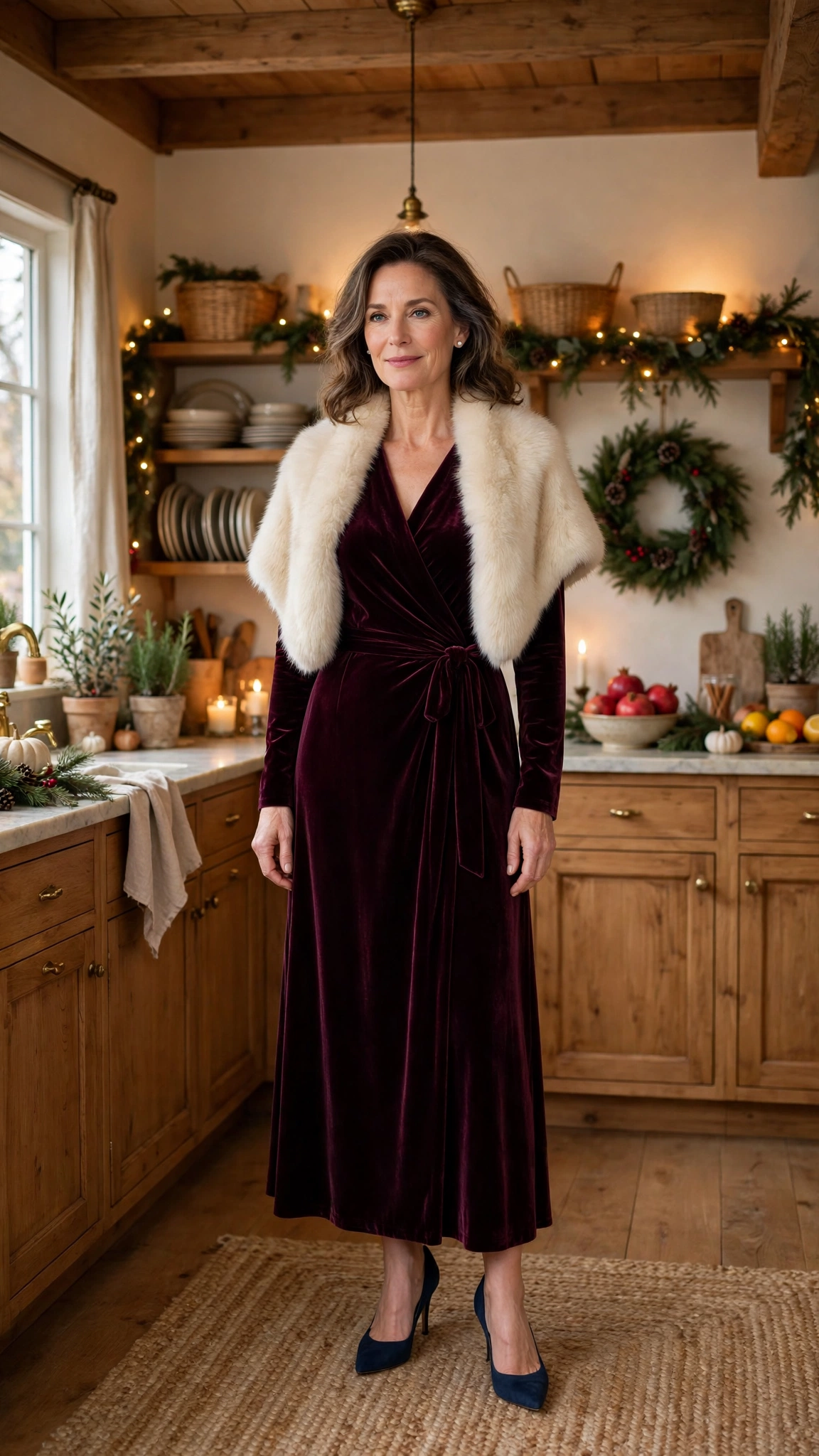 Wine Velvet Wrap Dress with a Cream Faux-fur Stole and Navy Heels