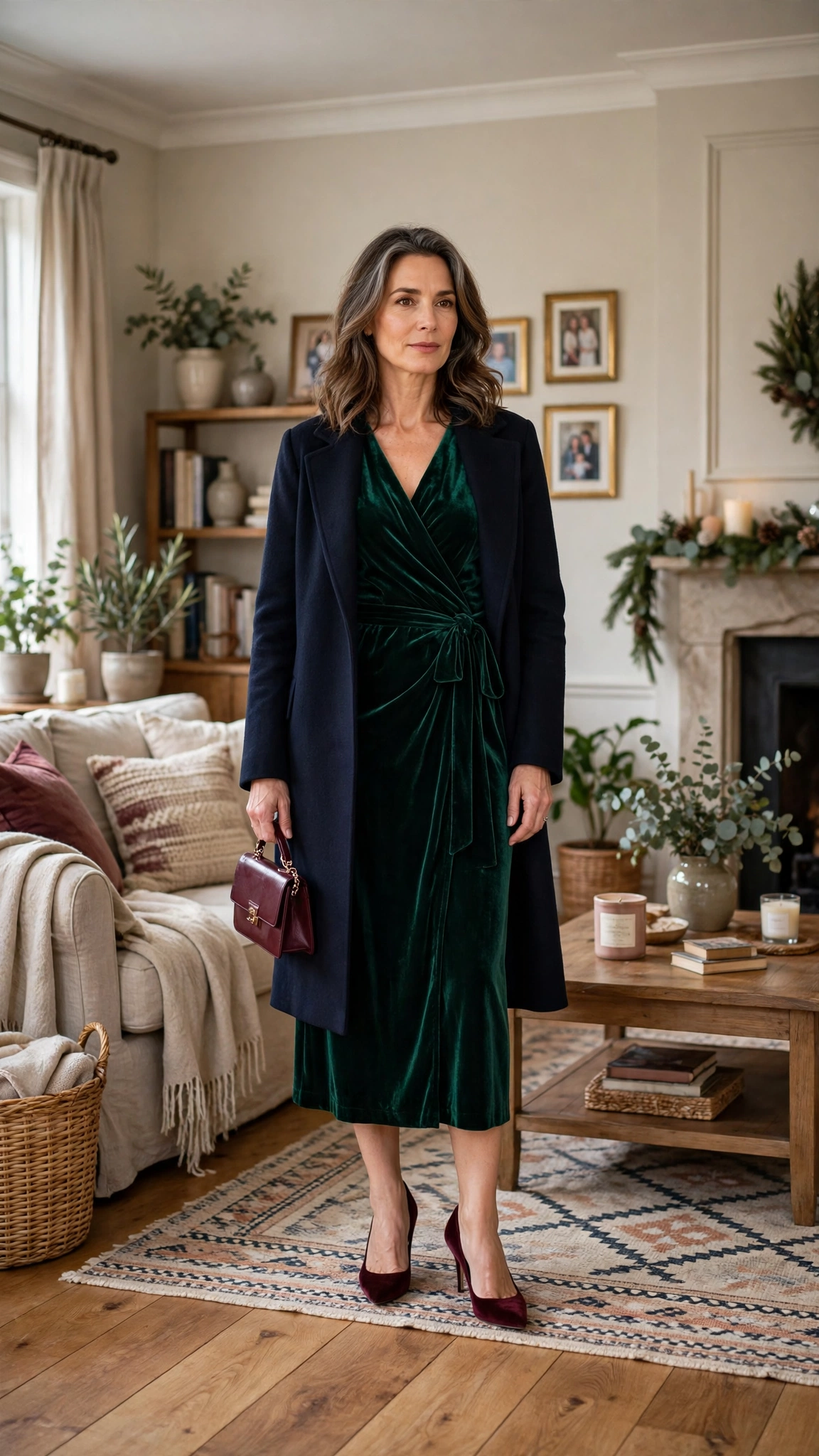 Emerald Velvet Wrap Dress with a Navy Wool Coat and Burgundy Heels