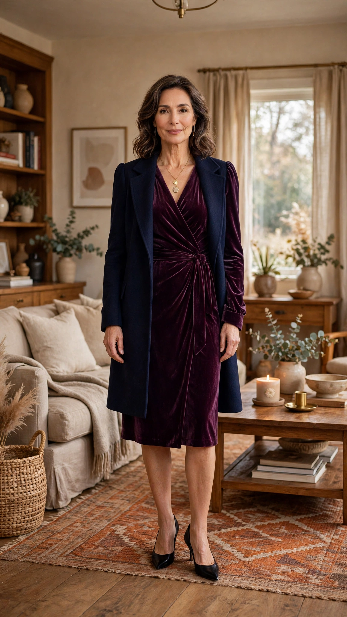 Plum Velvet Wrap Dress with a Navy Wool Coat and Black Pointed Heels