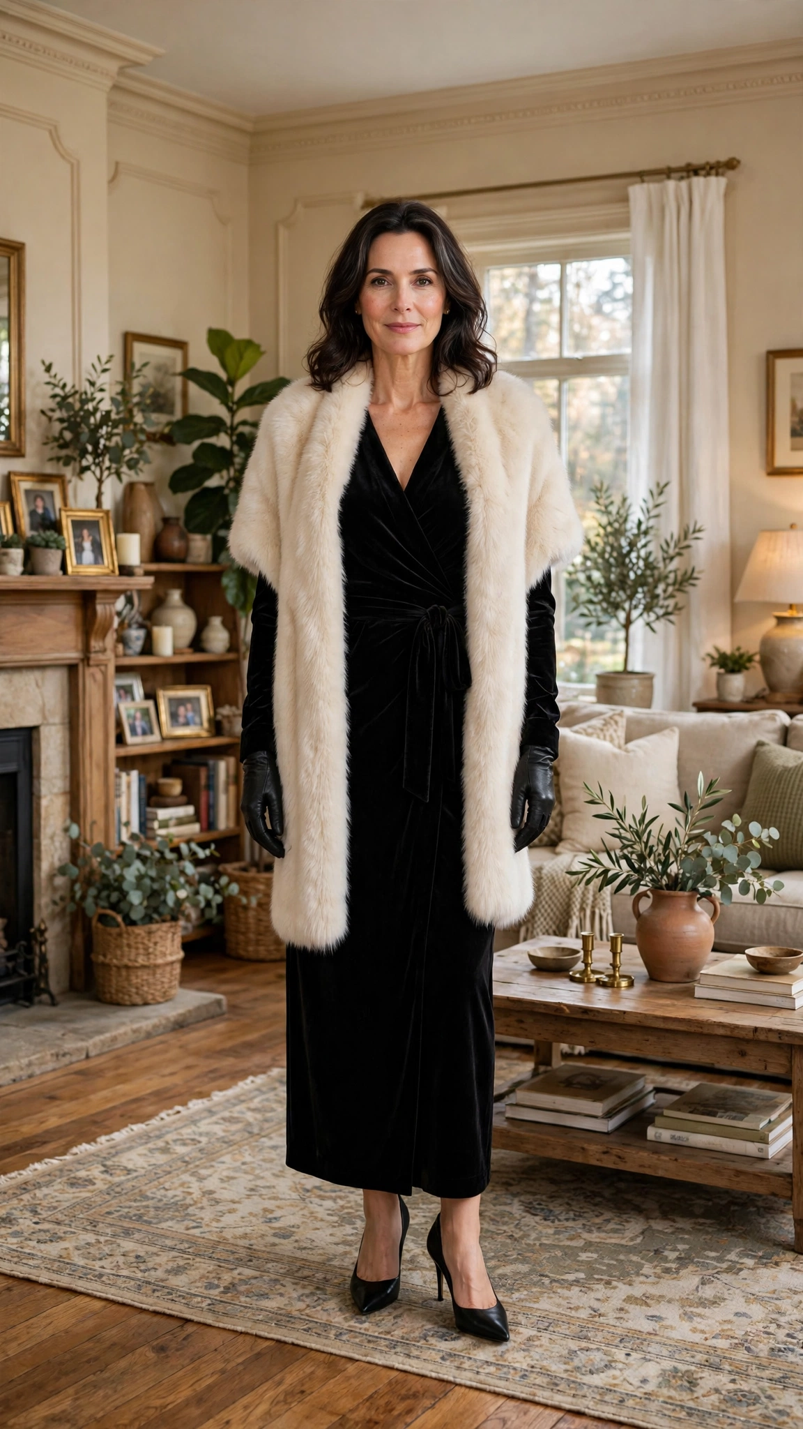 Black Velvet Wrap Dress with a Cream Faux-fur Stole and Black Pointed Heels