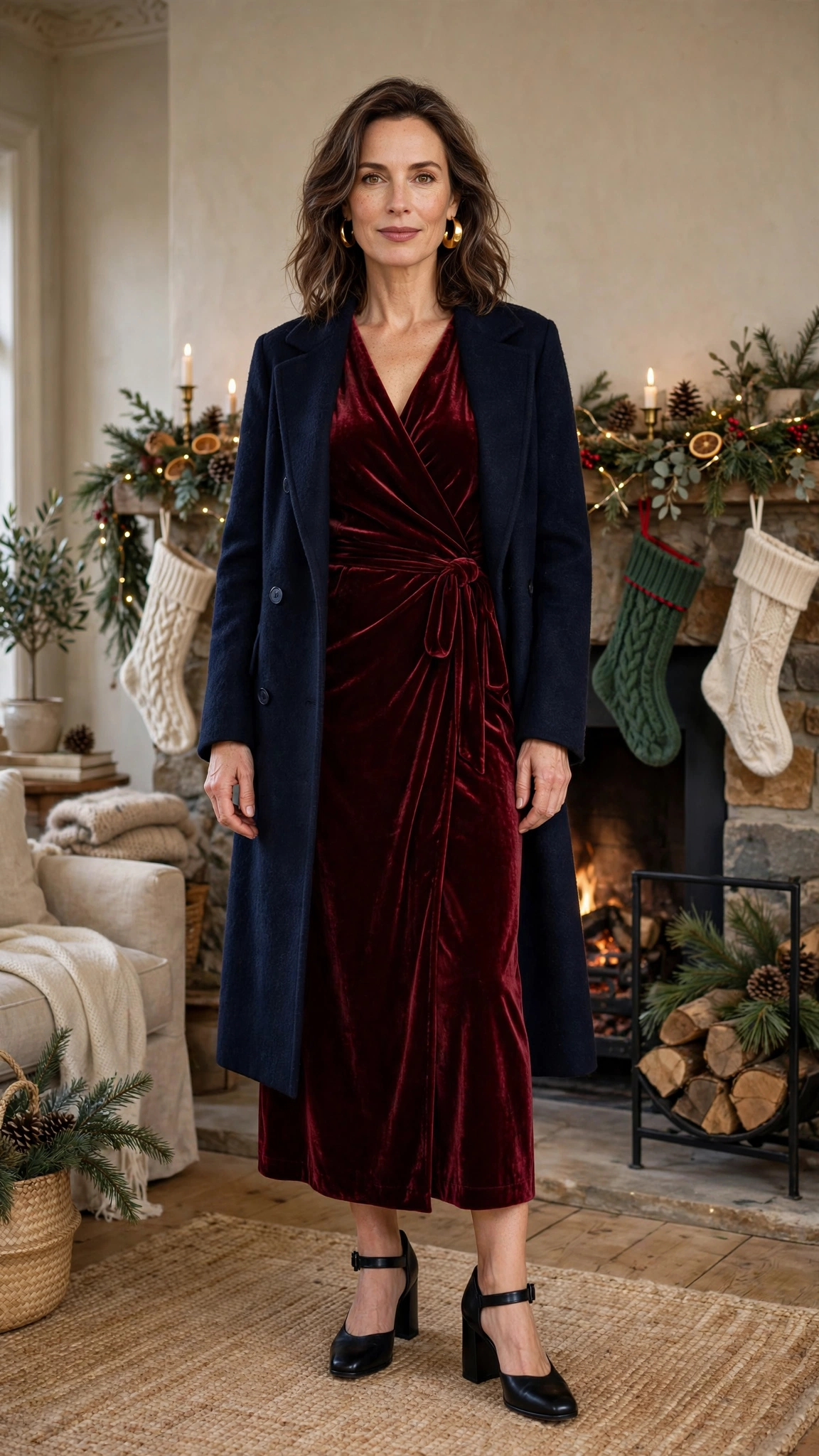 Wine Velvet Wrap Dress with a Navy Wool Coat and Black Block Heels
