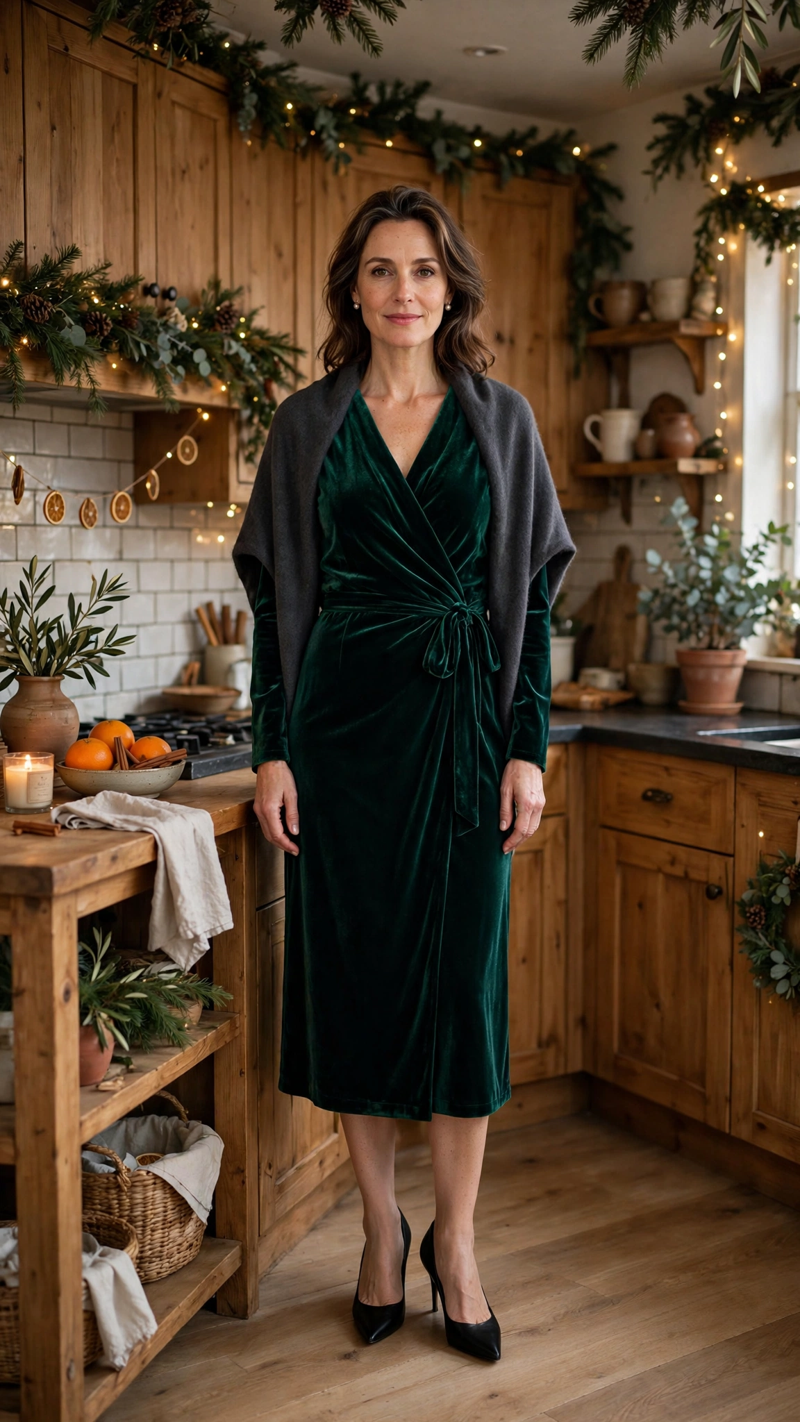 Emerald Velvet Wrap Dress with a Charcoal Wrap and Black Pointed Heels