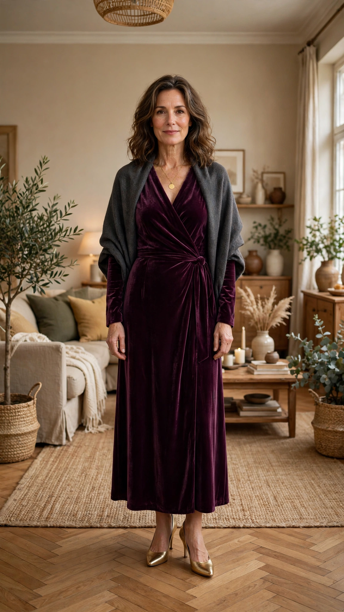 Plum Velvet Wrap Dress with a Charcoal Wrap and Gold Pumps