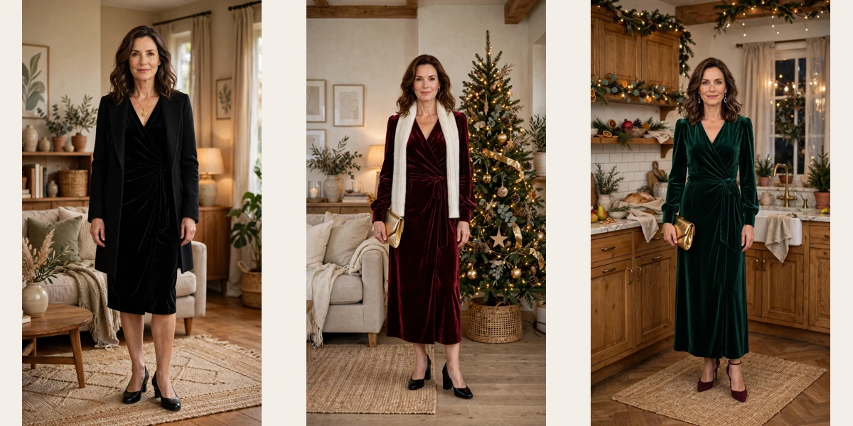 33 Women Over 40 Velvet Wrap Dress Outfits for Christmas Dinner That Are Chic, Warm and Elegant