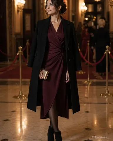25 Wool Wrap Coat Outfits for Women Over 40 for Winter Weddings That Are Warm, Elegant and Effortlessly Chic 2 Black Wool Wrap Coat with a Burgundy Midi Dress and Black Shoes for a Church Wedding