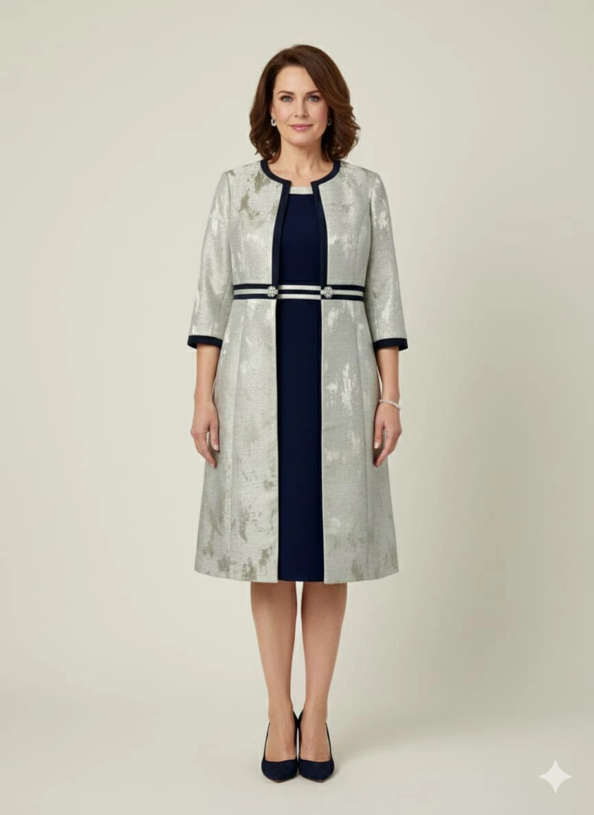 25 Wool Wrap Coat Outfits for Women Over 40 for Winter Weddings That Are Warm, Elegant and Effortlessly Chic 4 Silver Wool Coat with a Navy Dress and Navy Pumps for an Evening Reception