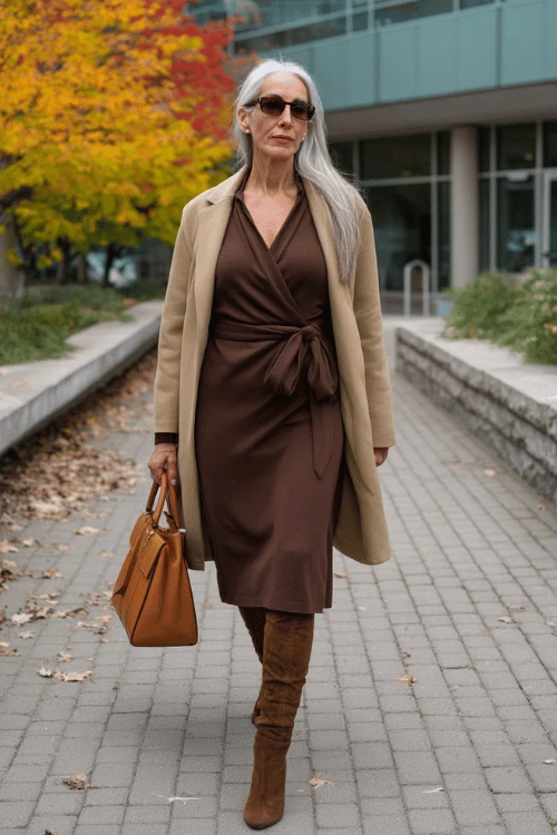 25 Wool Wrap Coat Outfits for Women Over 40 for Winter Weddings That Are Warm, Elegant and Effortlessly Chic 11 Camel Wool Wrap Coat with a Brown Dress and Brown Boots for a Reception