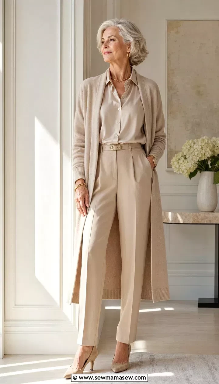 25 Wool Wrap Coat Outfits for Women Over 40 for Winter Weddings That Are Warm, Elegant and Effortlessly Chic 13 Beige Wool Coat with a Beige Wide-Leg Trouser Suit and Nude Heels for a Registry Wedding