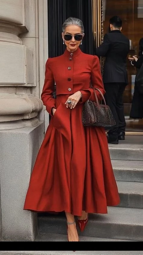 25 Wool Wrap Coat Outfits for Women Over 40 for Winter Weddings That Are Warm, Elegant and Effortlessly Chic 19 Red Wool Coat with a Red Dress and Red Heels for a Daytime Wedding