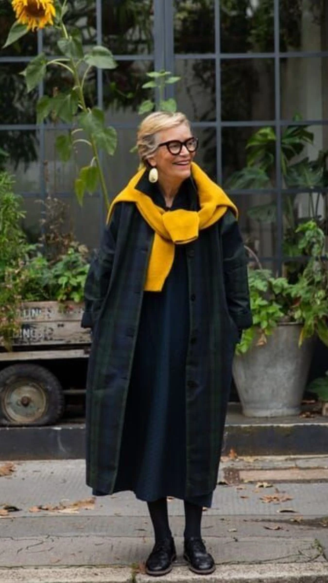 25 Wool Wrap Coat Outfits for Women Over 40 for Winter Weddings That Are Warm, Elegant and Effortlessly Chic 22 Navy Wool Coat with a Navy Dress, a Mustard Scarf and Black Shoes for a Winter Wedding