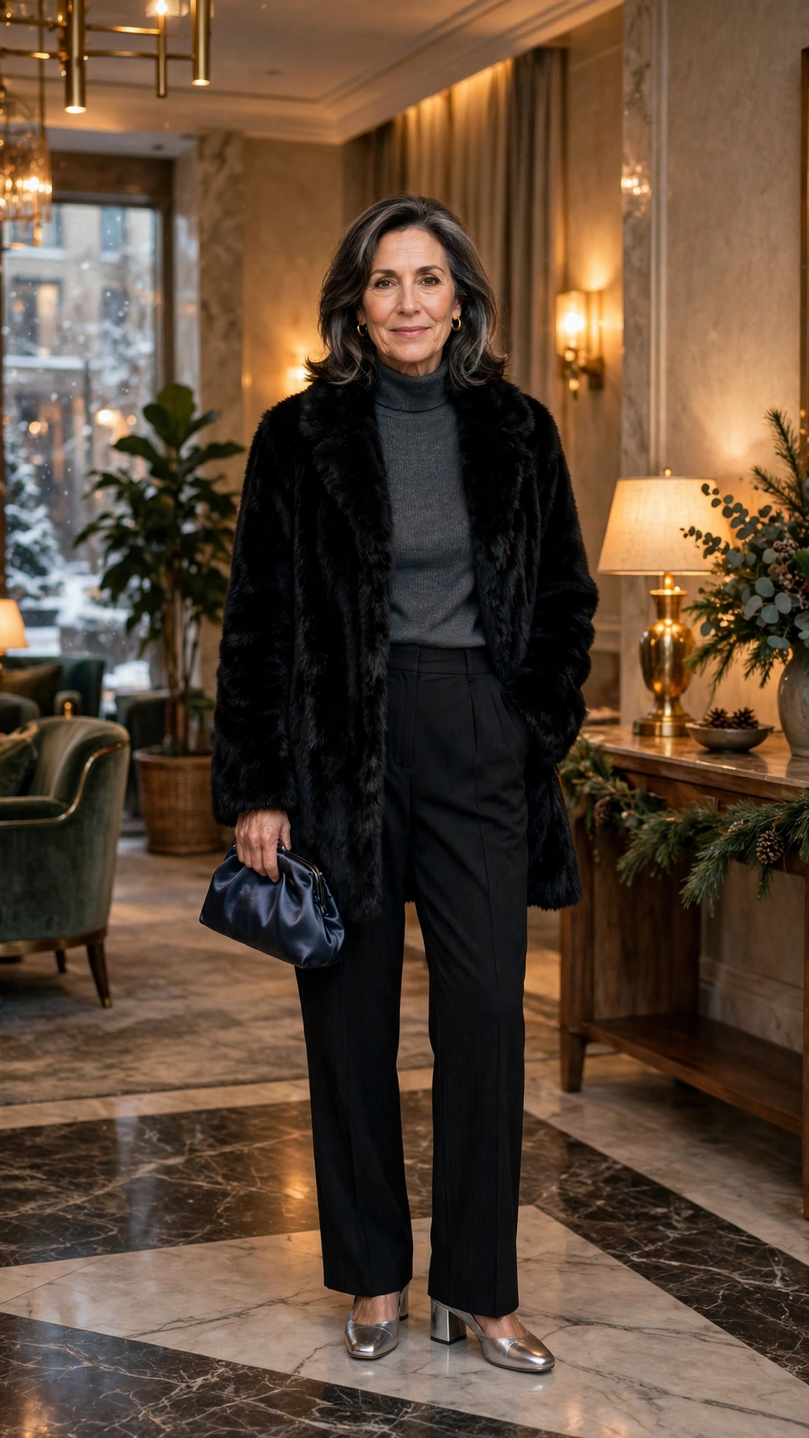 50 Women over 50 black faux fur coat outfits for city nights That Are Chic, Warm and Elegant - idea 9