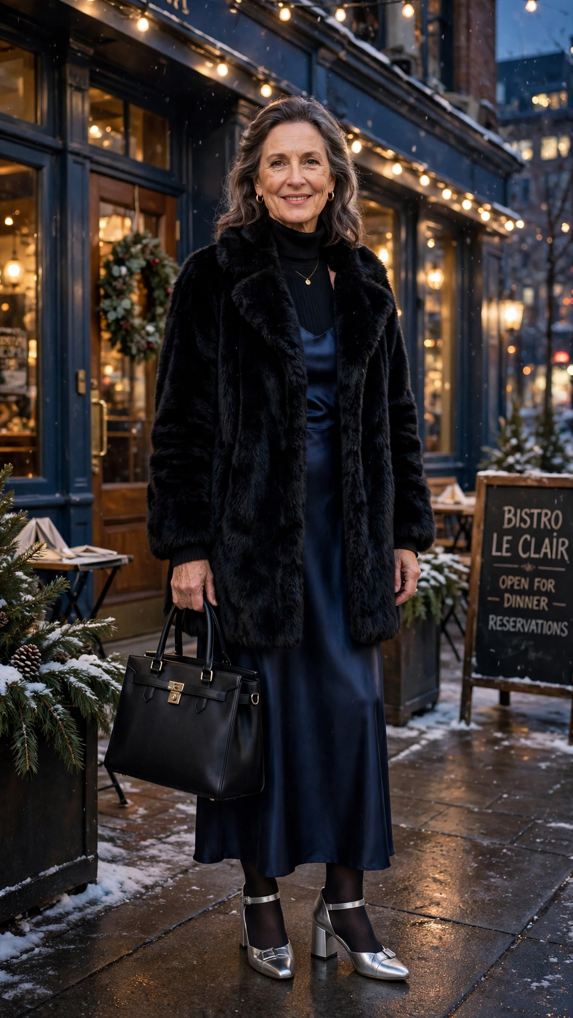 50 Women over 50 black faux fur coat outfits for city nights That Are Chic, Warm and Elegant - idea 14