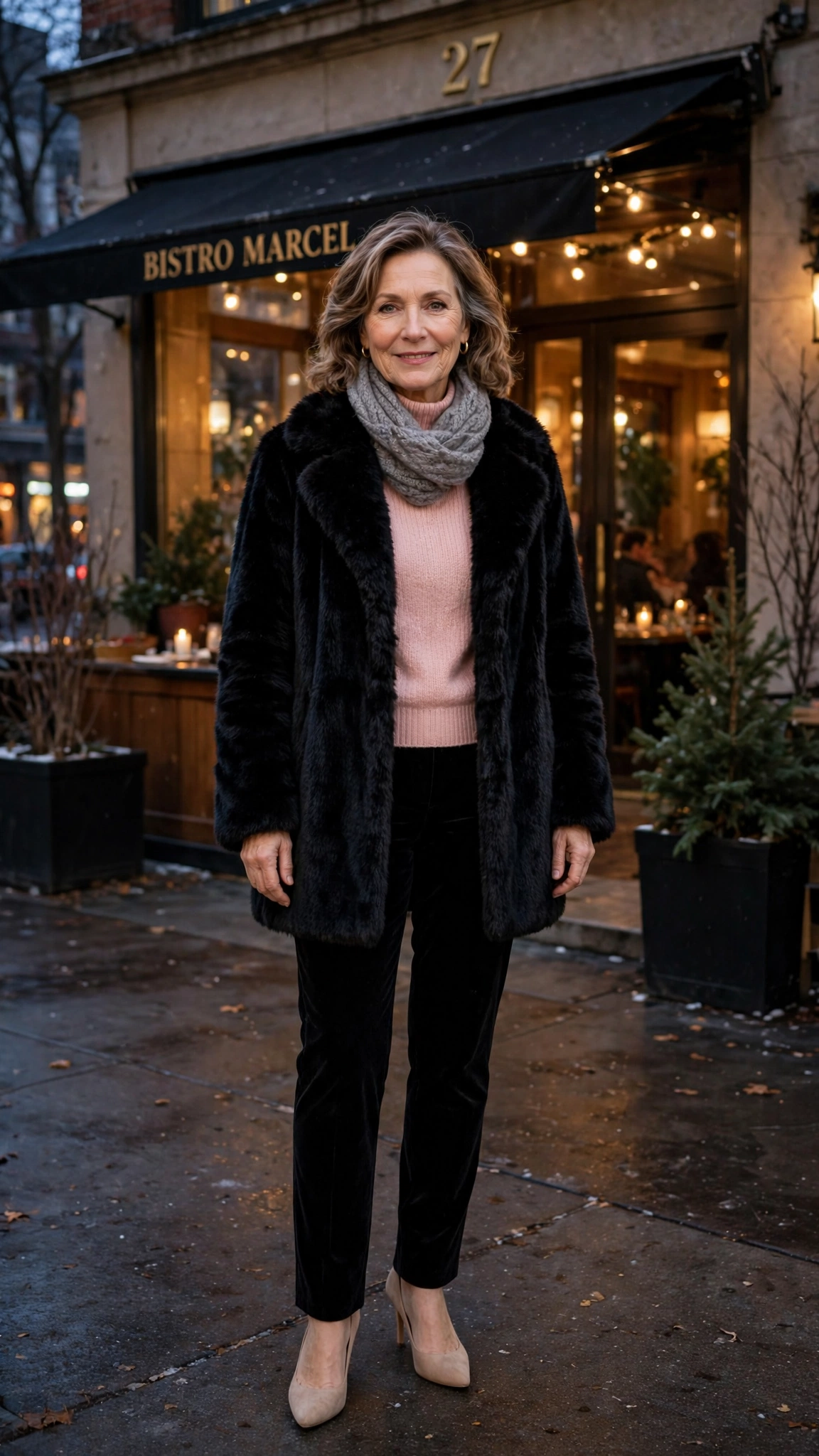 50 Women over 50 black faux fur coat outfits for city nights That Are Chic, Warm and Elegant - idea 20