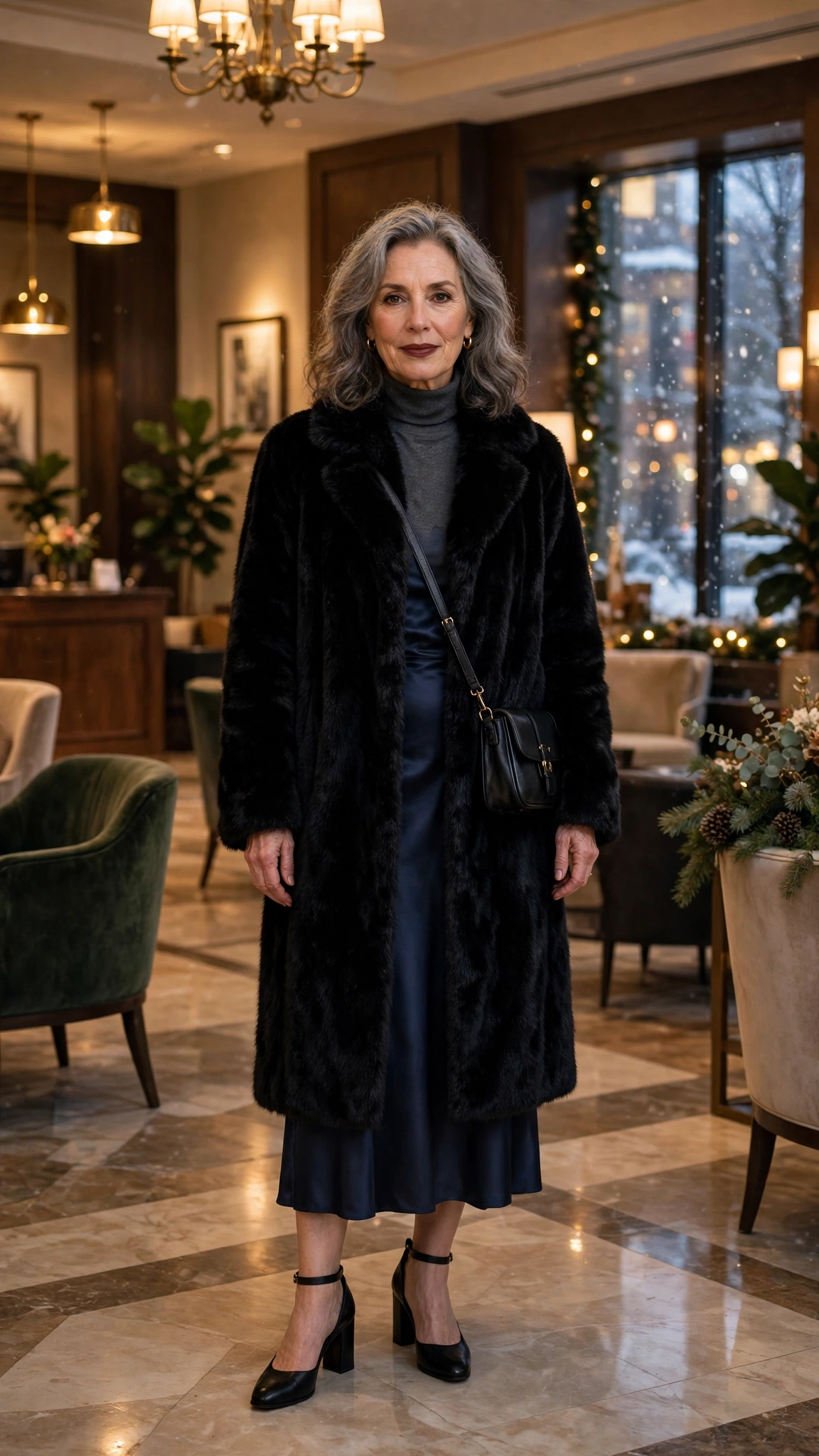 50 Women over 50 black faux fur coat outfits for city nights That Are Chic, Warm and Elegant - idea 21