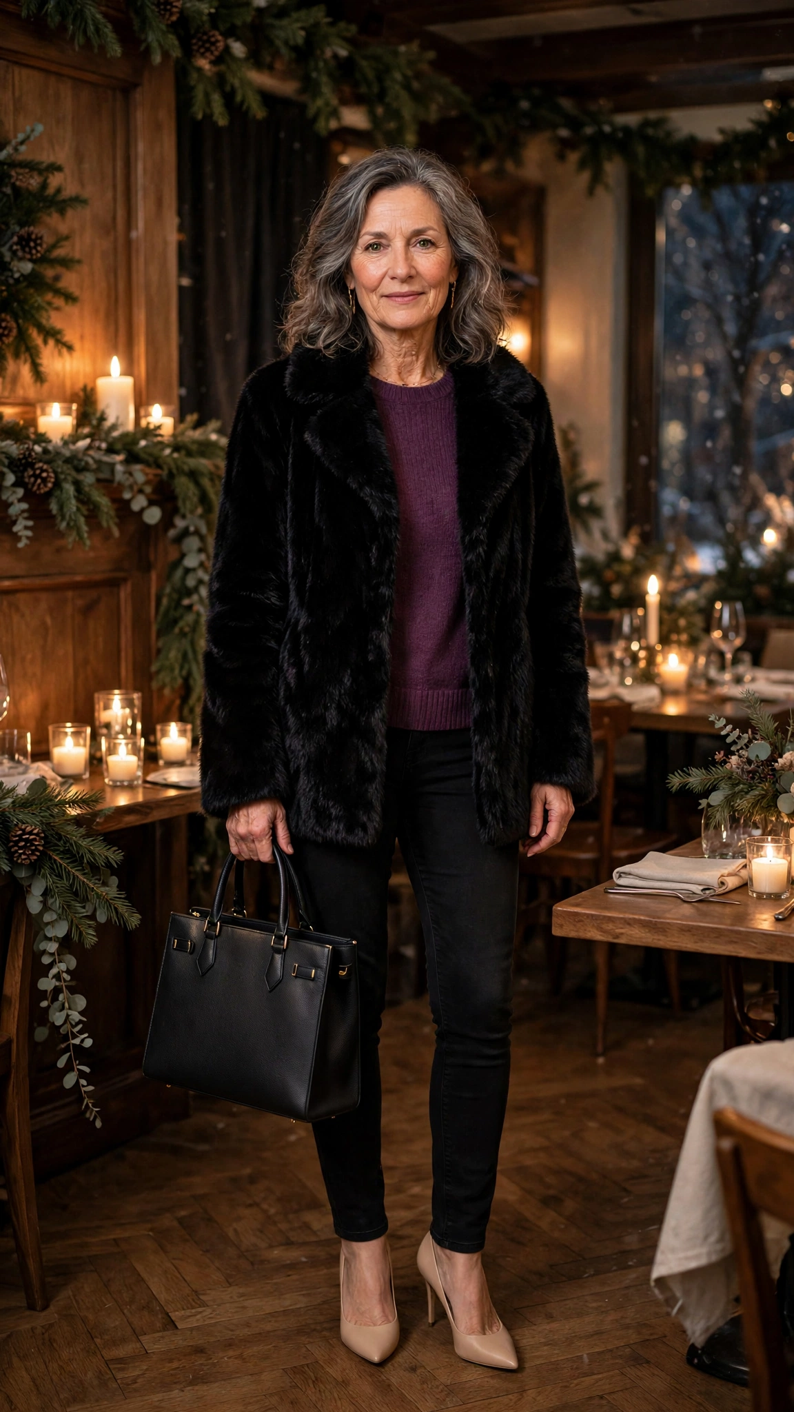 50 Women over 50 black faux fur coat outfits for city nights That Are Chic, Warm and Elegant - idea 24
