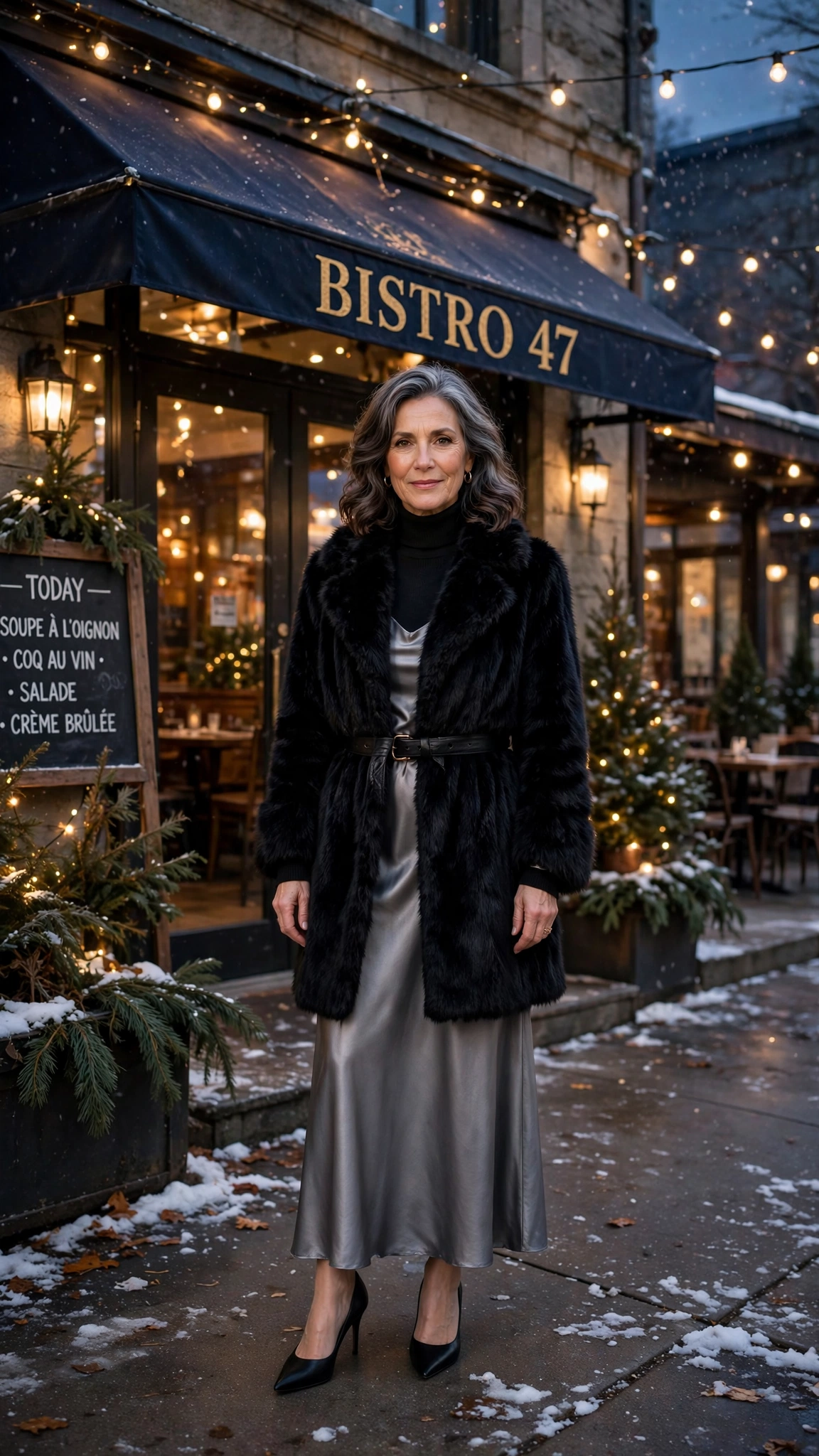 50 Women over 50 black faux fur coat outfits for city nights That Are Chic, Warm and Elegant - idea 26