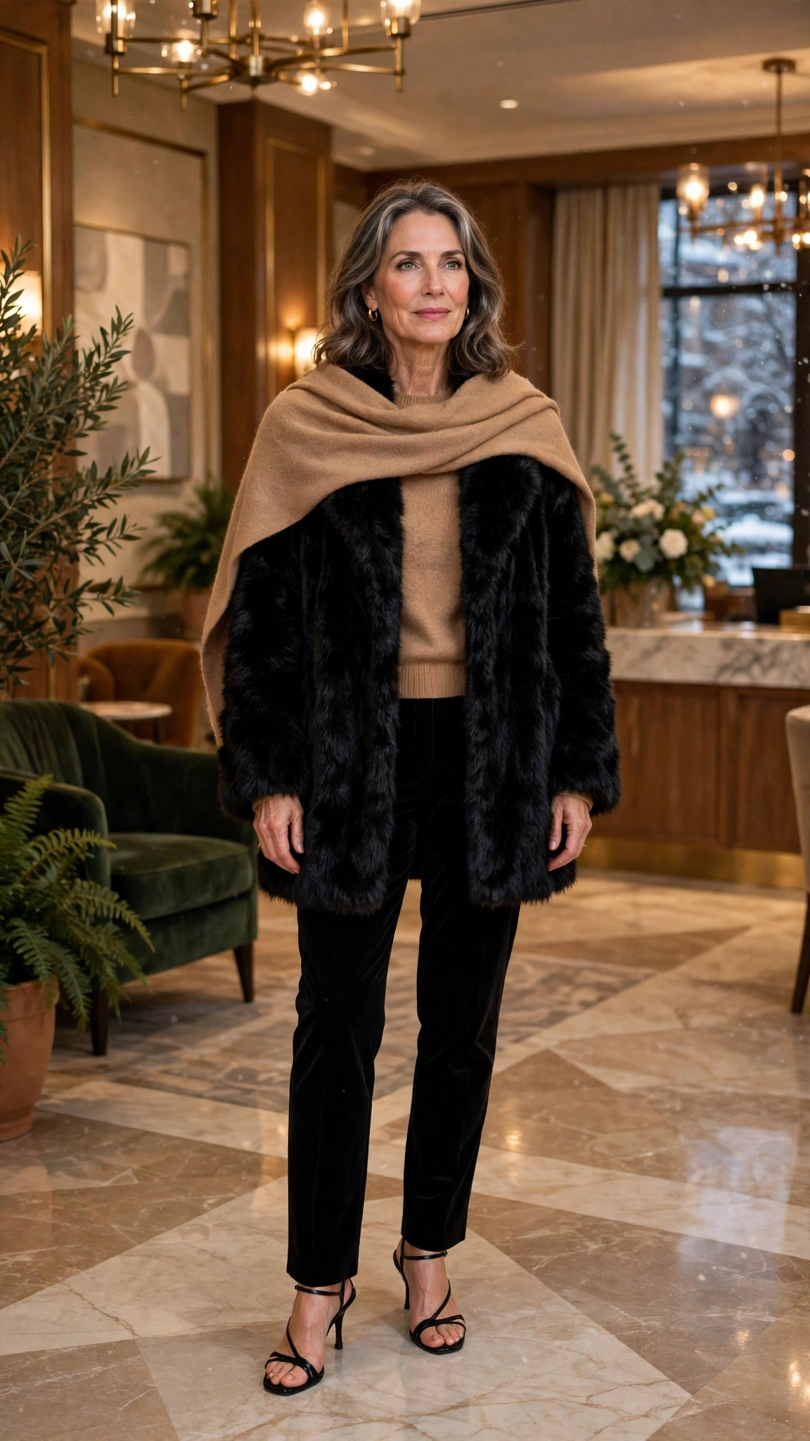 50 Women over 50 black faux fur coat outfits for city nights That Are Chic, Warm and Elegant - idea 27