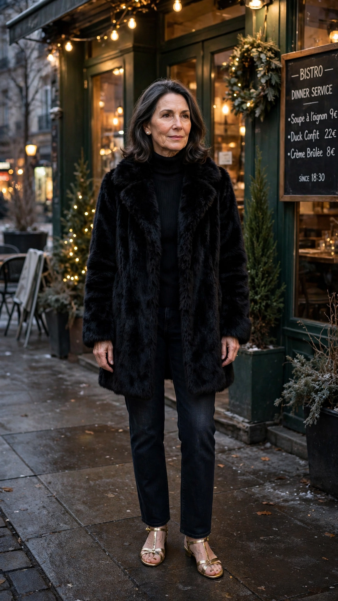 50 Women over 50 black faux fur coat outfits for city nights That Are Chic, Warm and Elegant - idea 38