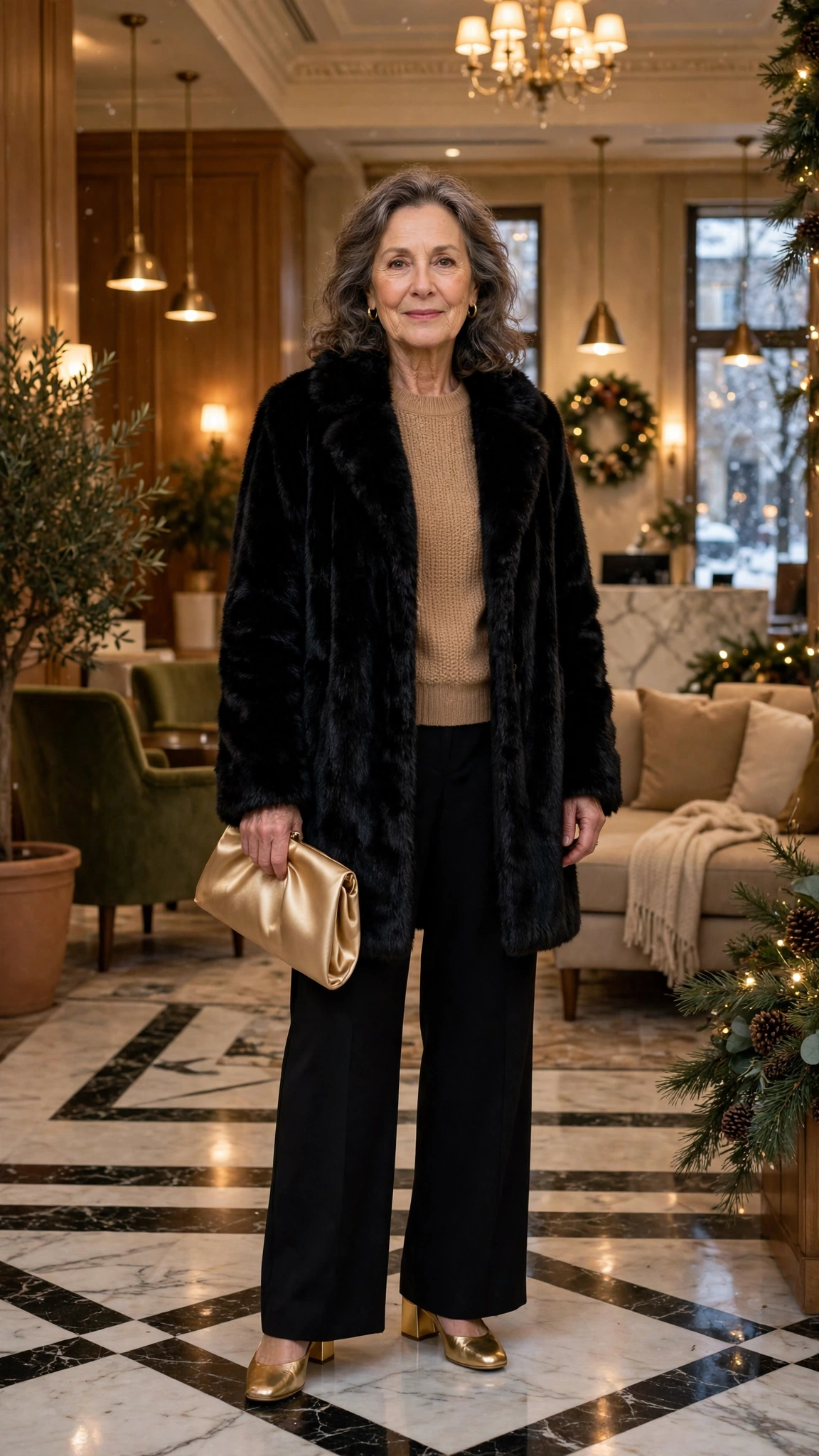 50 Women over 50 black faux fur coat outfits for city nights That Are Chic, Warm and Elegant - idea 39