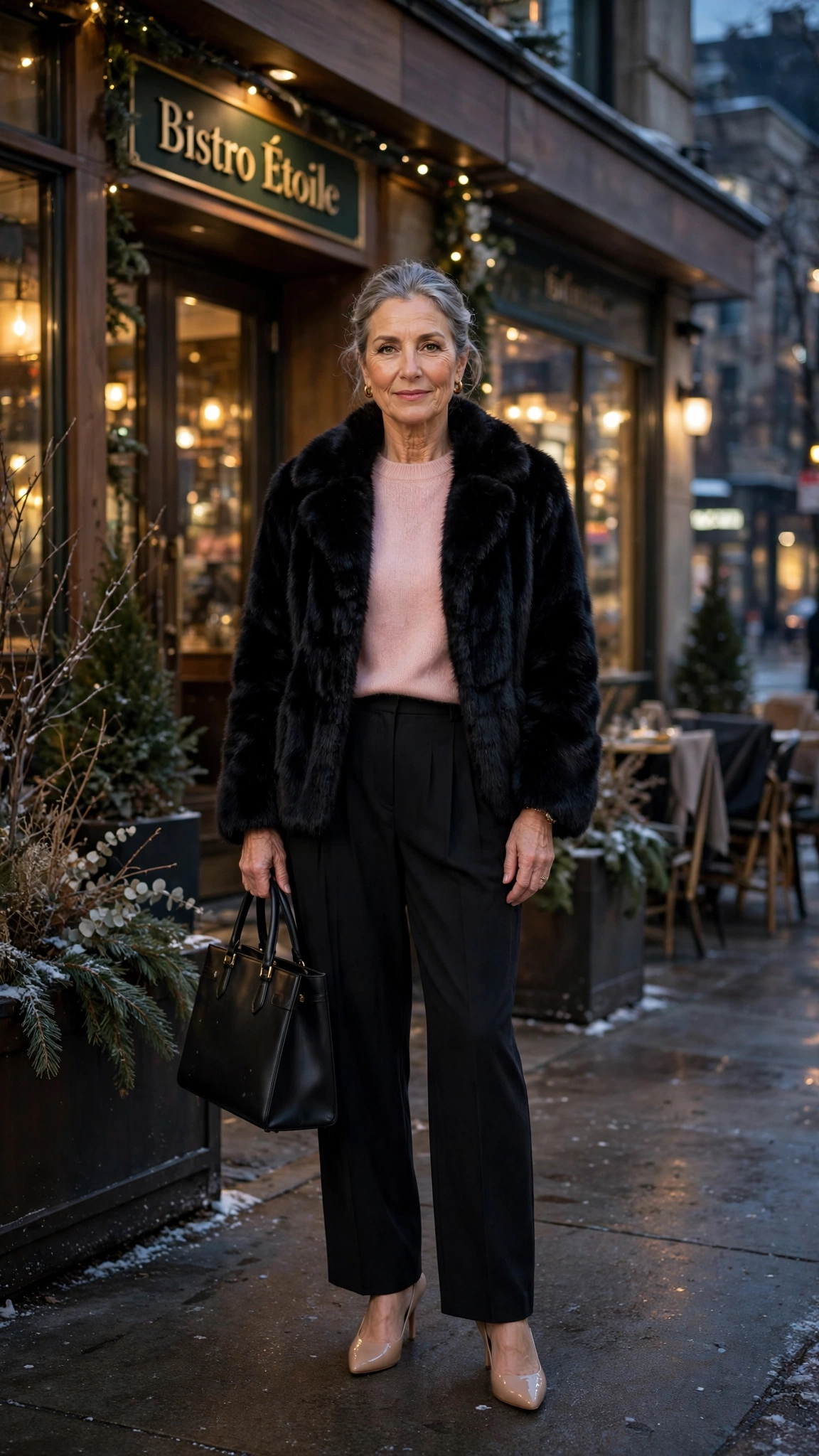 50 Women over 50 black faux fur coat outfits for city nights That Are Chic, Warm and Elegant - idea 44